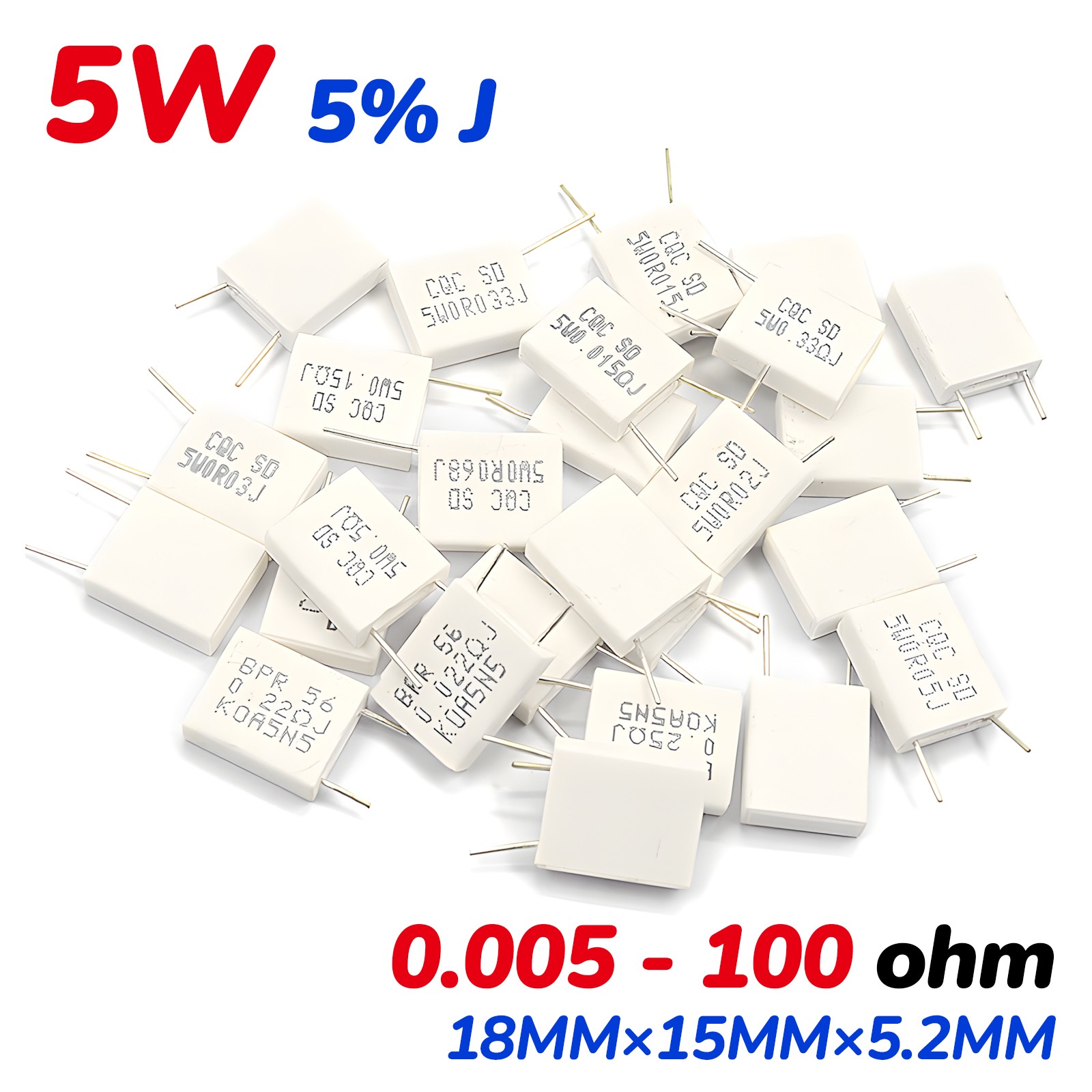 5W Non-Inductive Cement Resistor ±5% Values of 0.005Ohm-100Ohm Ceramic Resistor