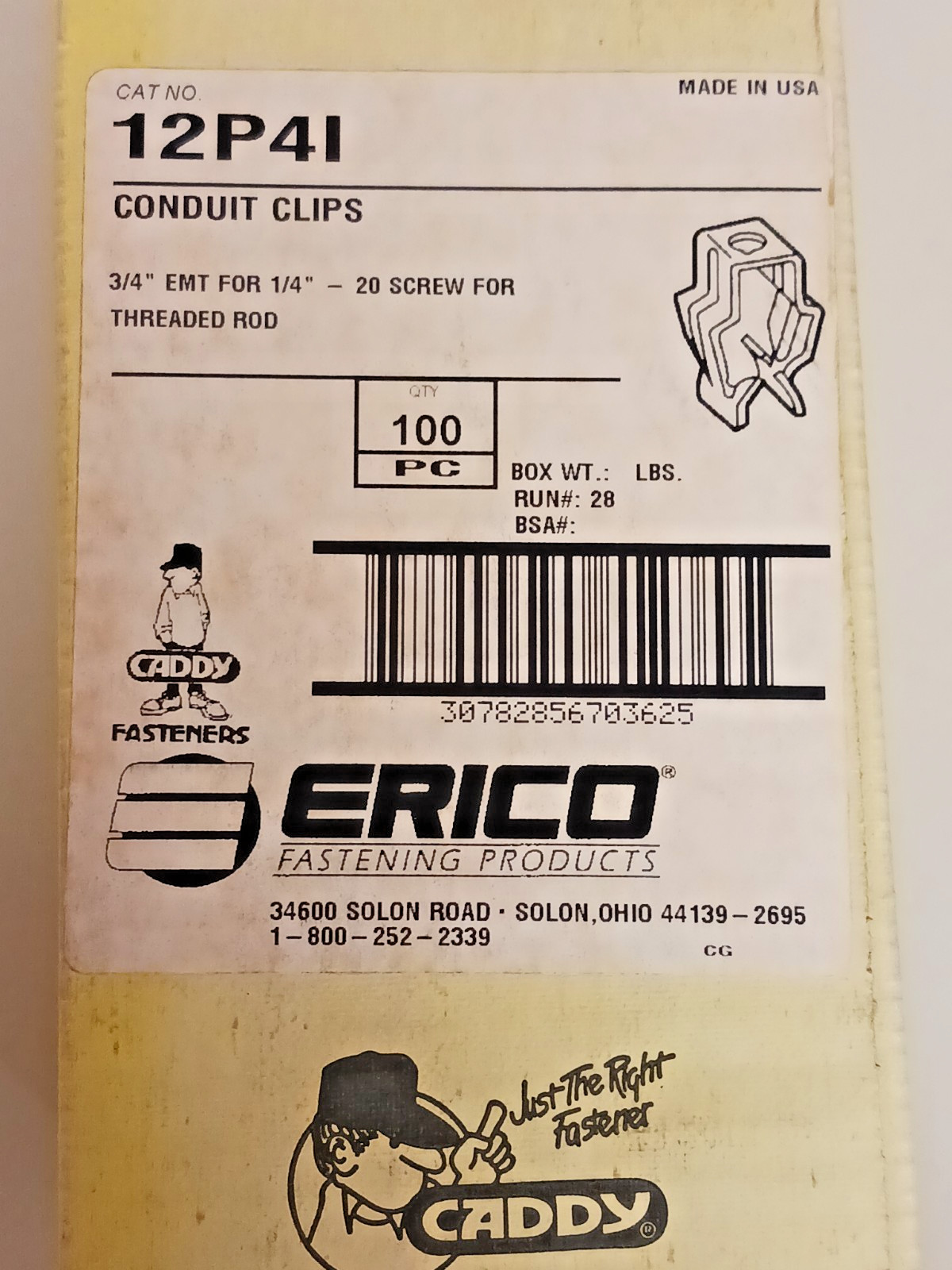 CADDY 12P4I CONDUIT CLIP 3/4″ EMT for 1/4″-20 SCREW for THREADED ROD (100 /CTN)