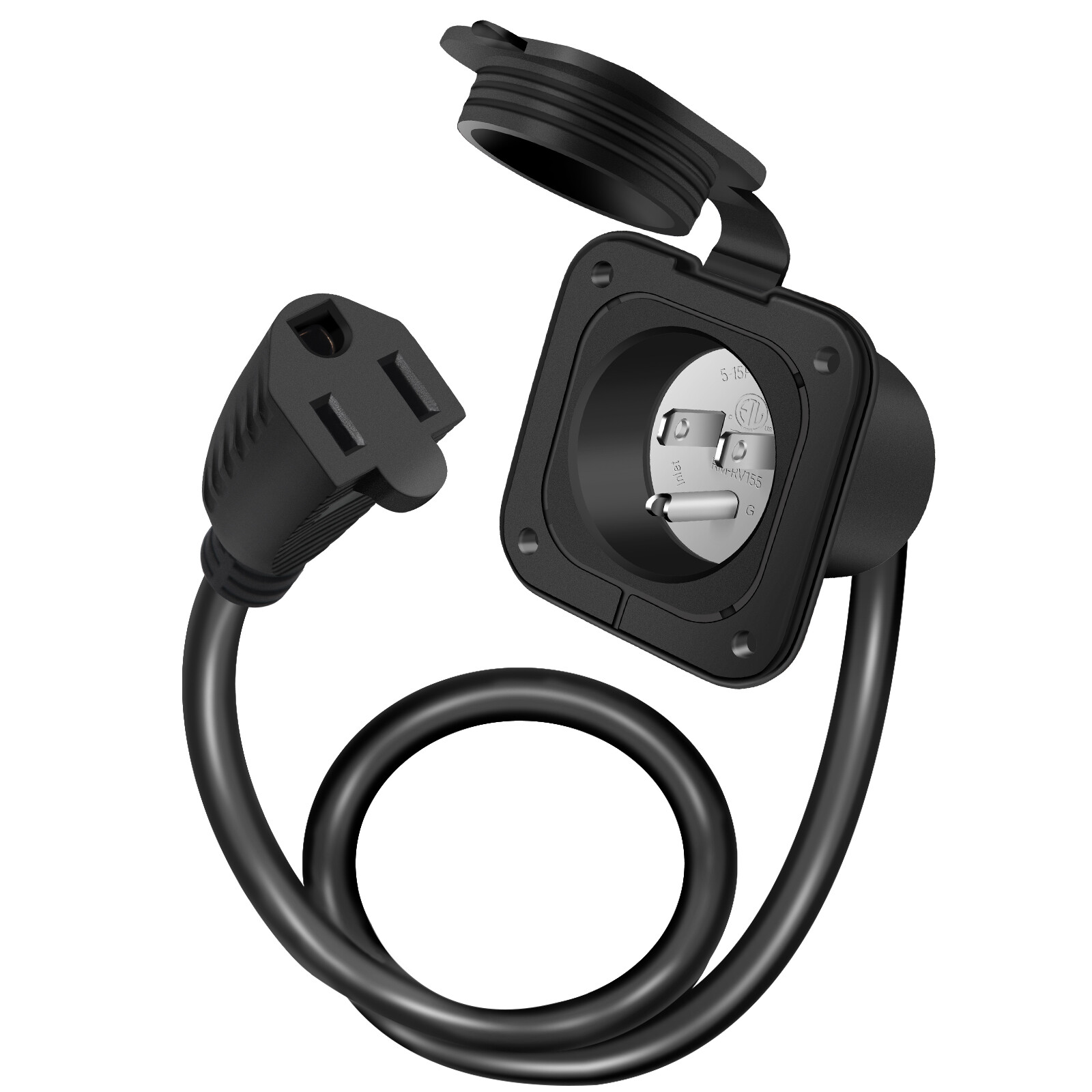 15A 125V AC Port Plug 14AWG Flanged Power Inlet Plug 18″ Extension Cord Boat RV
