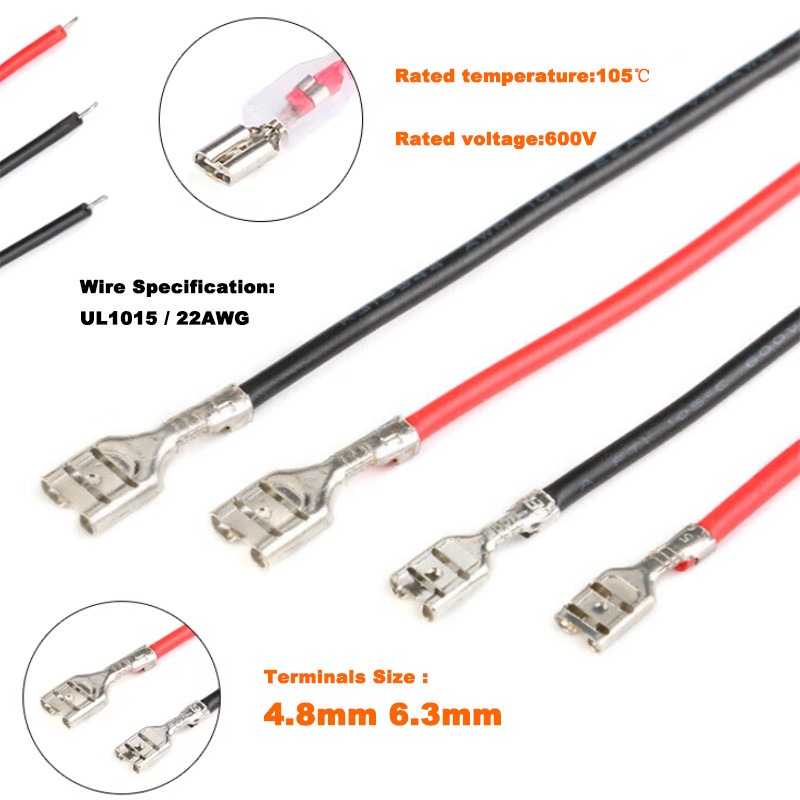 Spade Terminals Crimp Connector With Cable Wire Black Red UL1015 22AWG 10cm 20cm