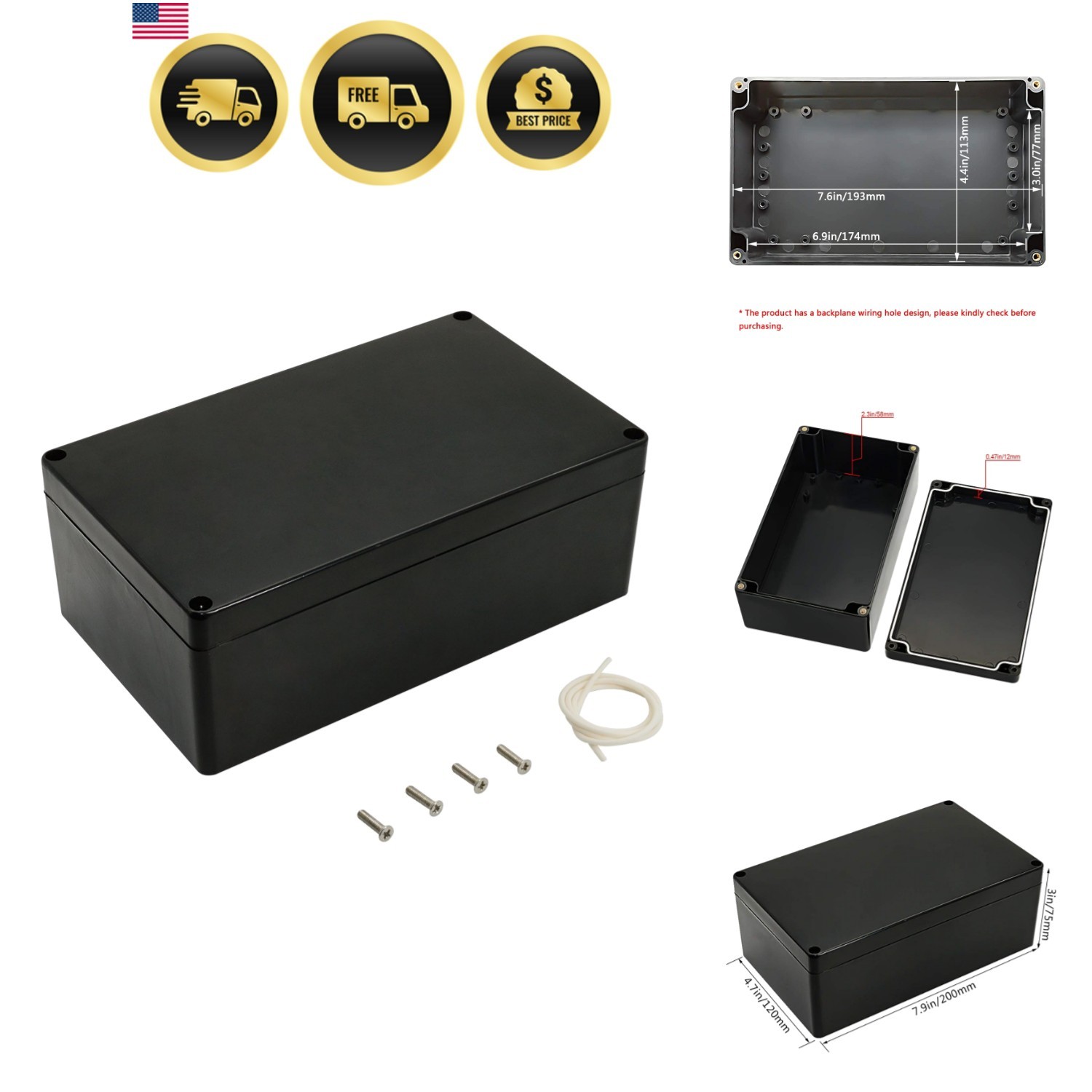 ABS Plastic Electrical Project Case Power Junction Box, Project Box Black 7.8…