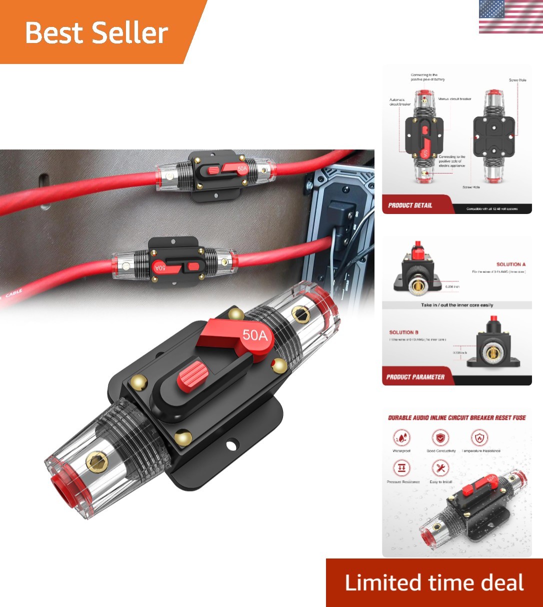 Water-Resistant 50 Amp Inline Circuit Breaker – Overload Protection for Vehicles