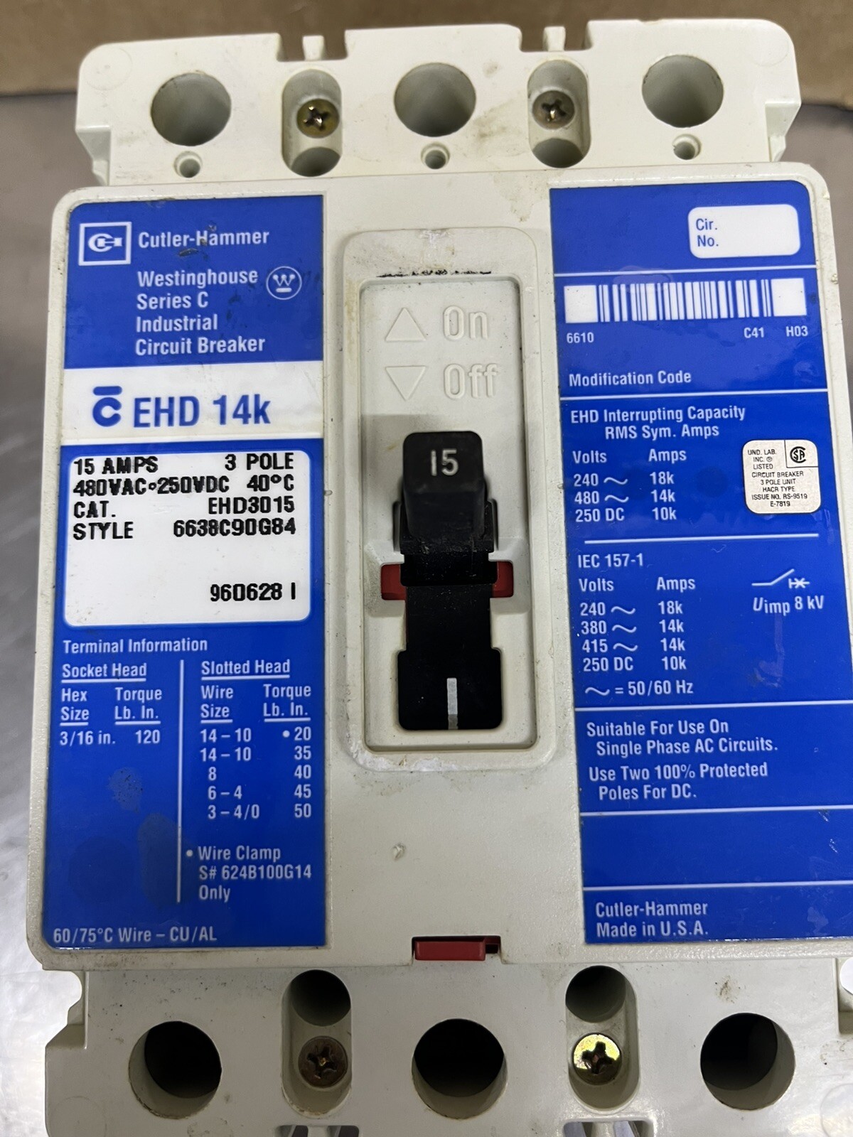Cutler Hammer EHD3015 3 Pole Industrial Breaker 15 Amp 480V EHD 14K Made In USA