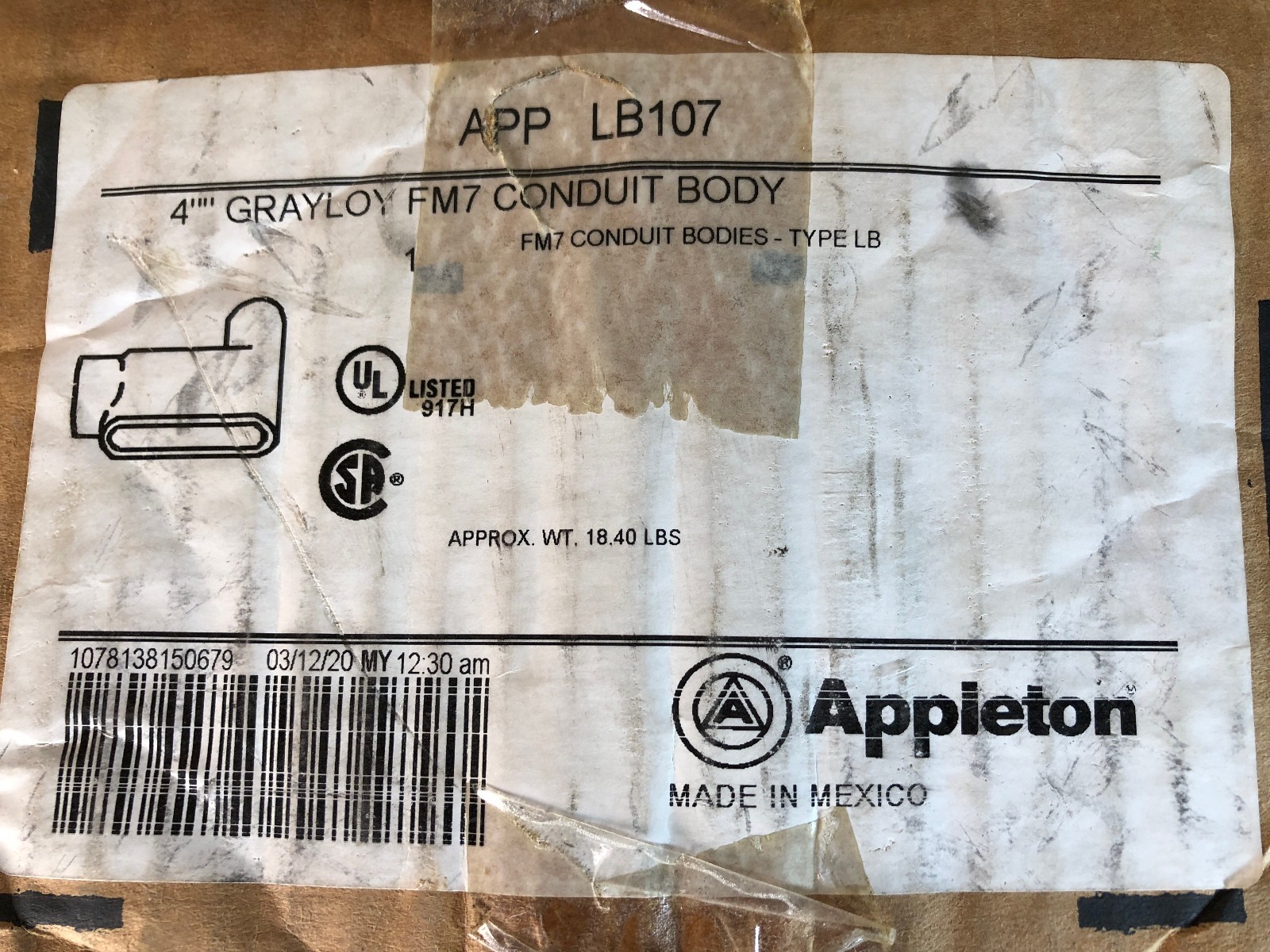 APPLETON APP LB107, 4″ GRAYLOY FM7 CONDUIT BODY, TYPE-LB