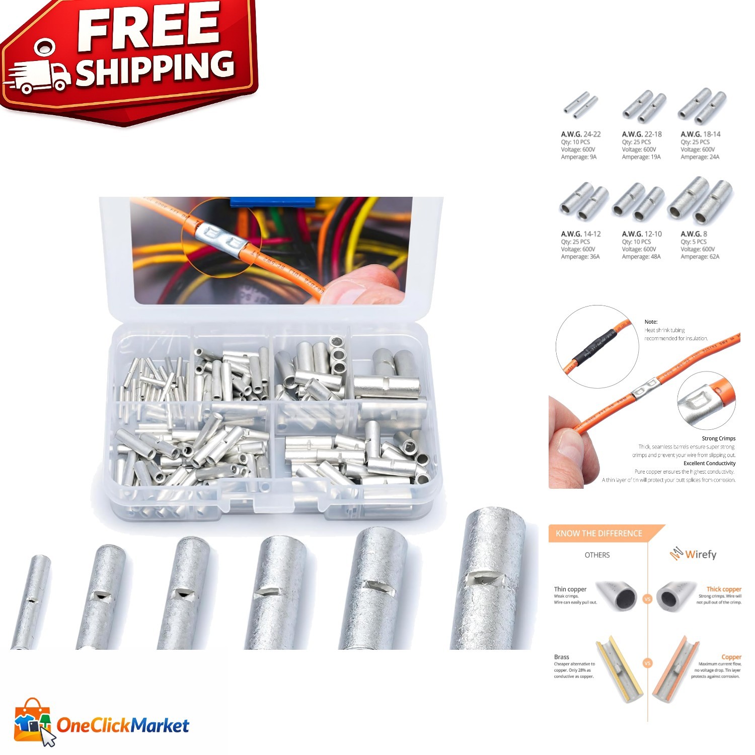 100 PCS Non-Insulated Butt Connectors Kit for 24-8 AWG – Superior Crimp Quality
