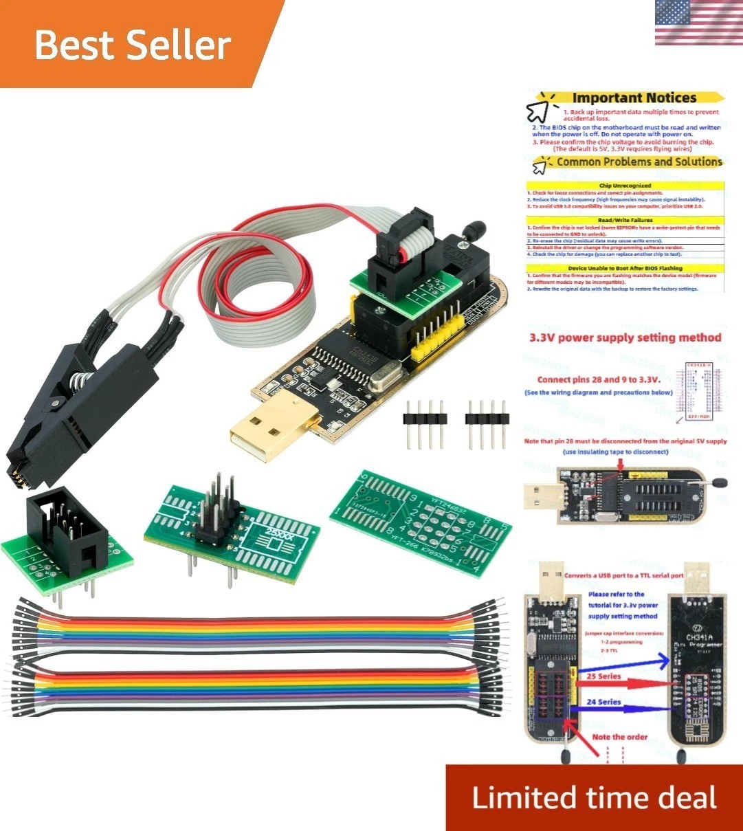 CH341A SPI EEPROM Programmer + Clip & Conversion Plate – Easy Chip Programming