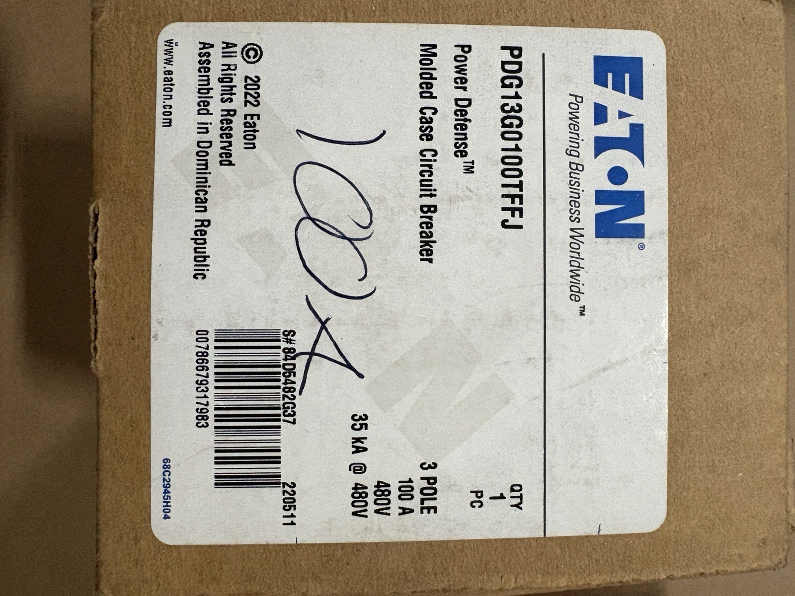 Eaton Power Defense PDG1 Circuit Breaker 100A 3 Pole 480V Trip Indicator