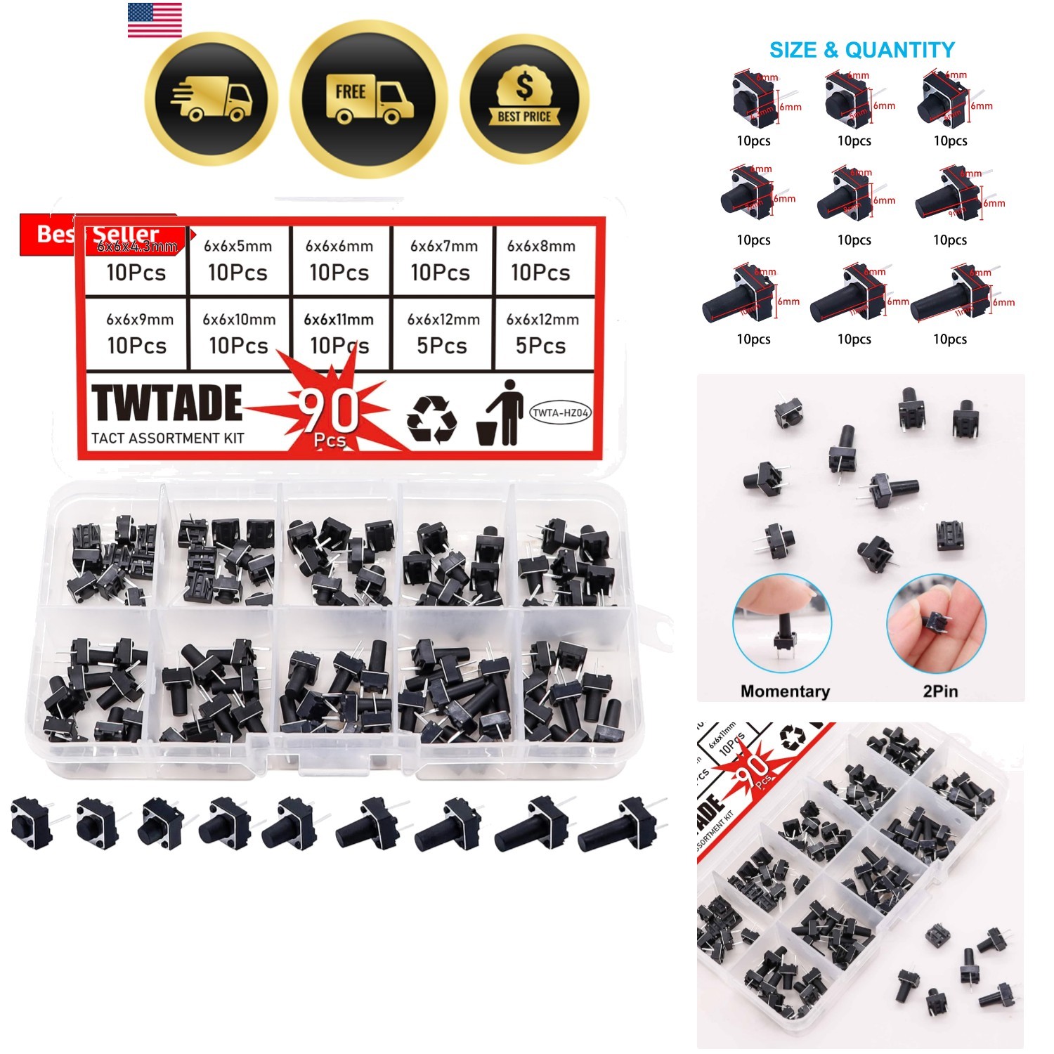 90PCS 2 Pin Tactile Switch Micro Momentary Tact Push Button Switch Assortment…