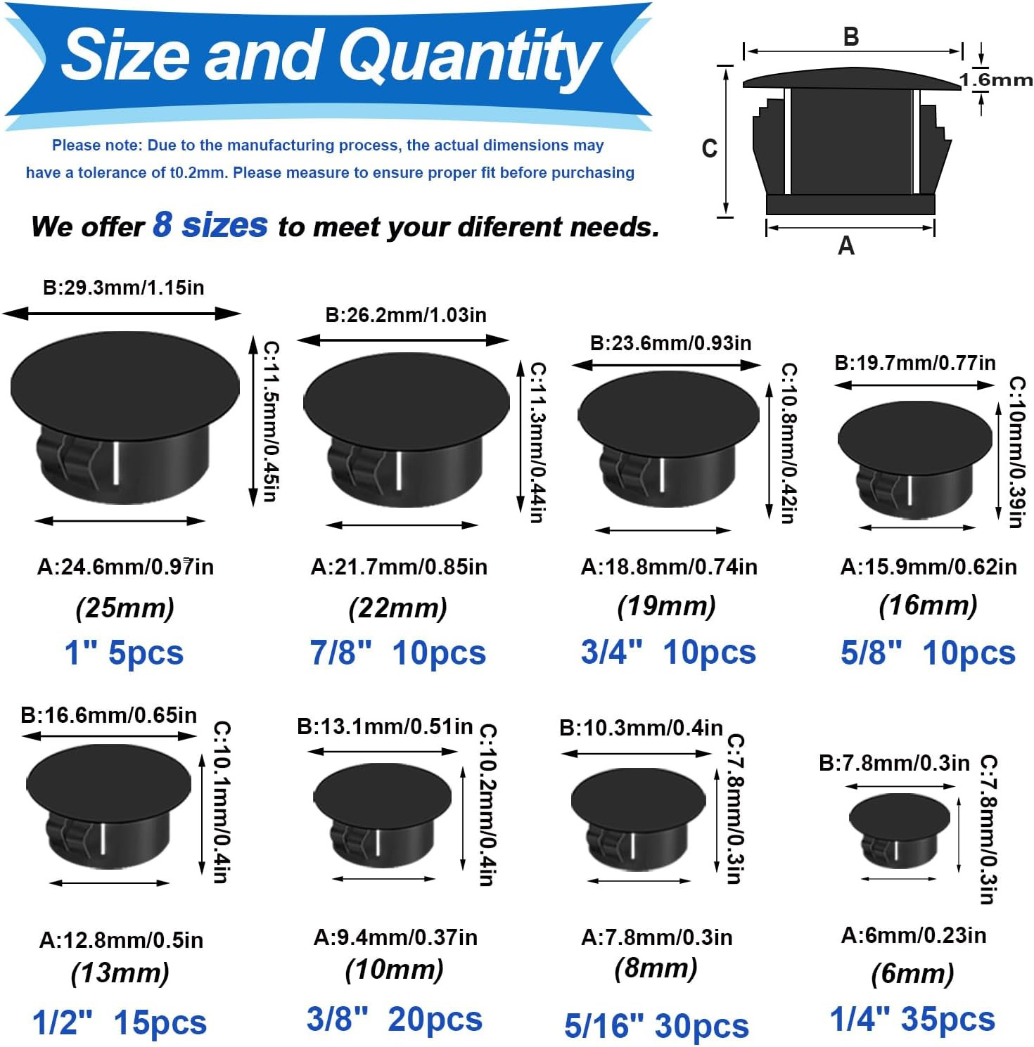 135Pcs 8 Sizes Nylon Plastic Hole Plugs Black 1/4″ 5/16″ 3/8″ 1/2″ 5/8″ 3/4″ 7/8