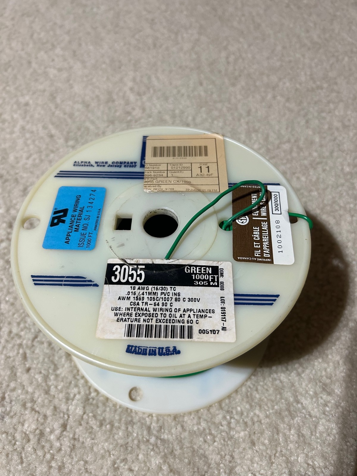 @ 500 ft, Alpha Wire 3055 Hook-up Wire 18AWG strand 16/30 , Green color