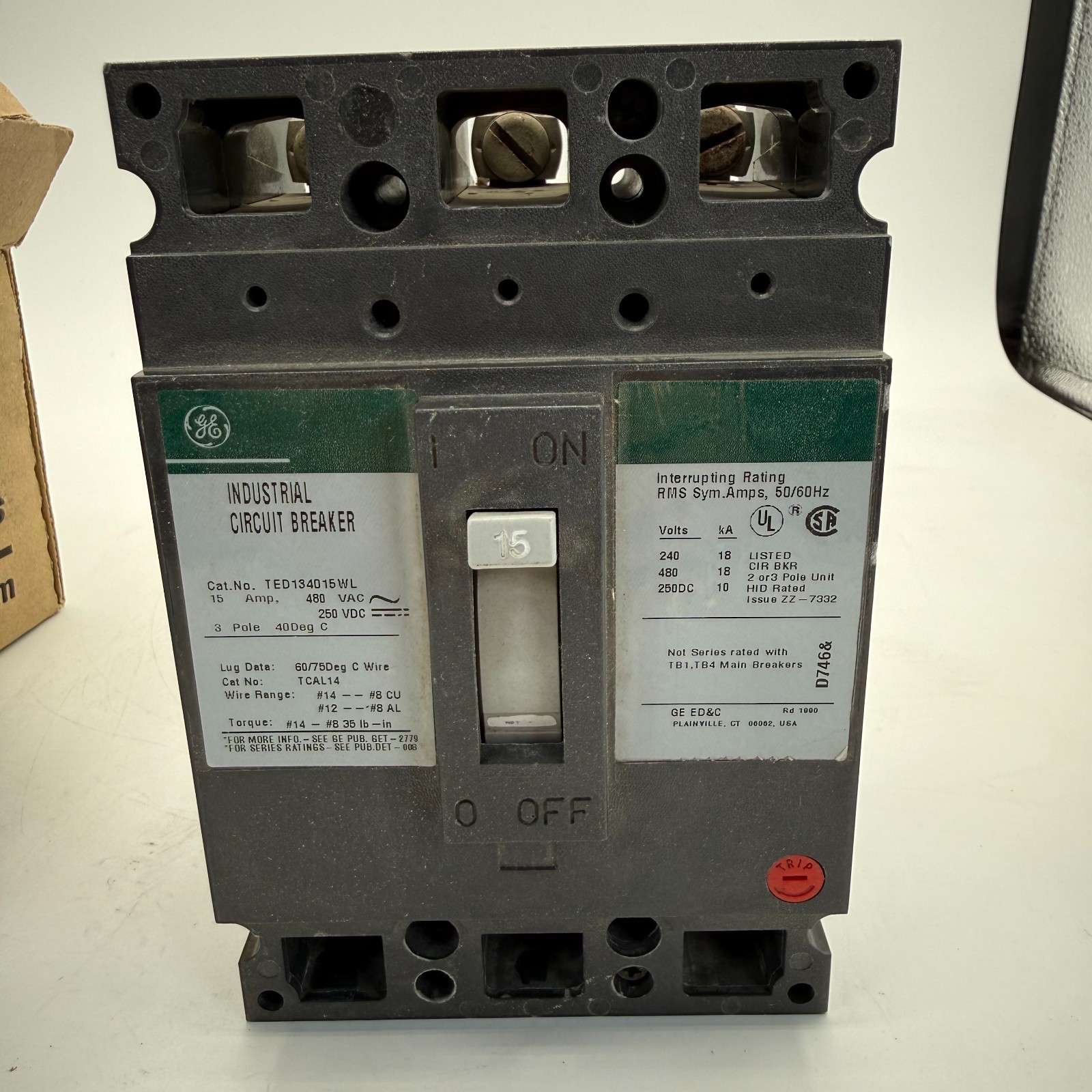 GE TED134015WL Feed-Thru Circuit Breaker 15A 480V 3P 3PH Type TED 15 Amp 3 Pole