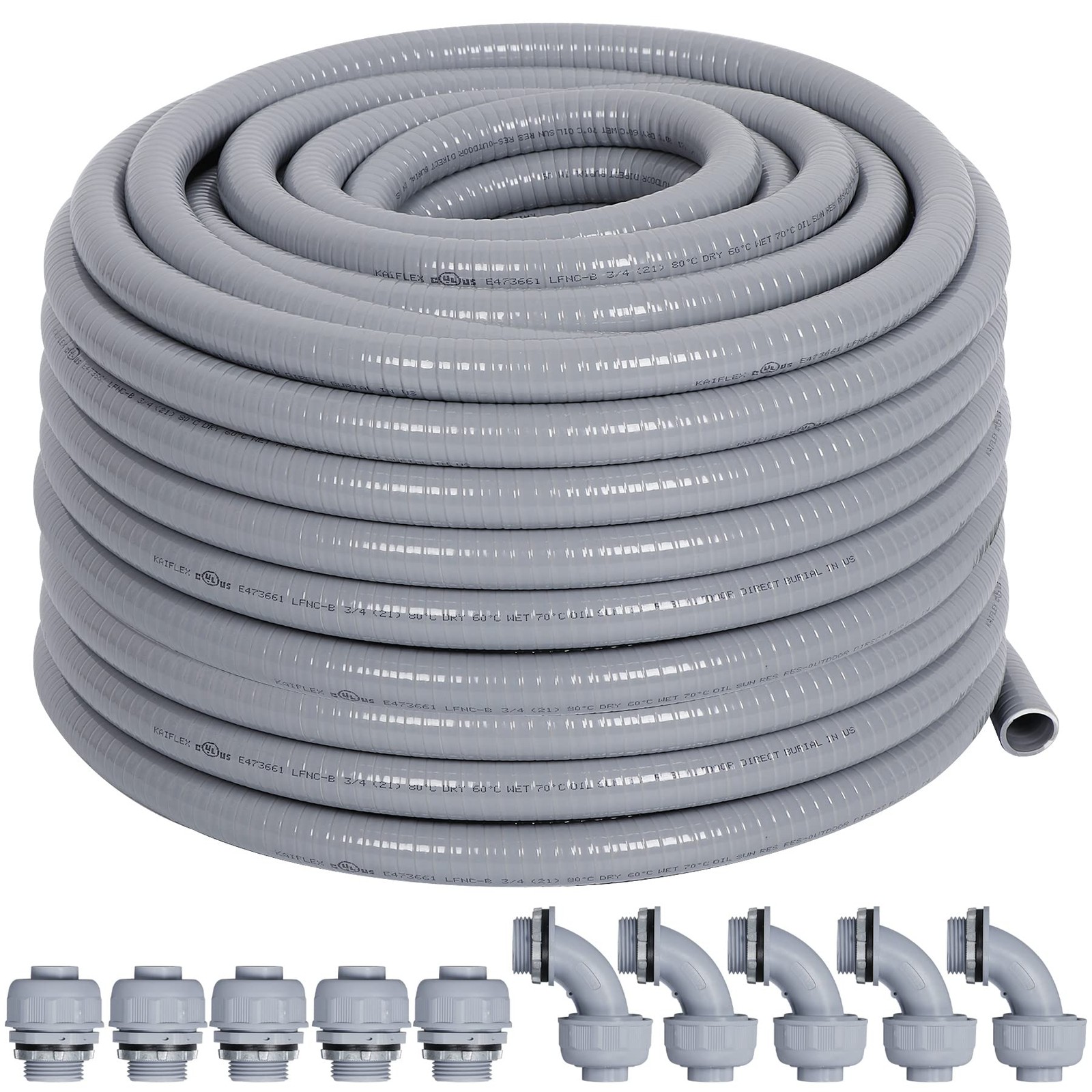 Liquid-Tight Electrical Conduit Kit 50ft w/UL, 10 Connectors, 1/2″ Flexible