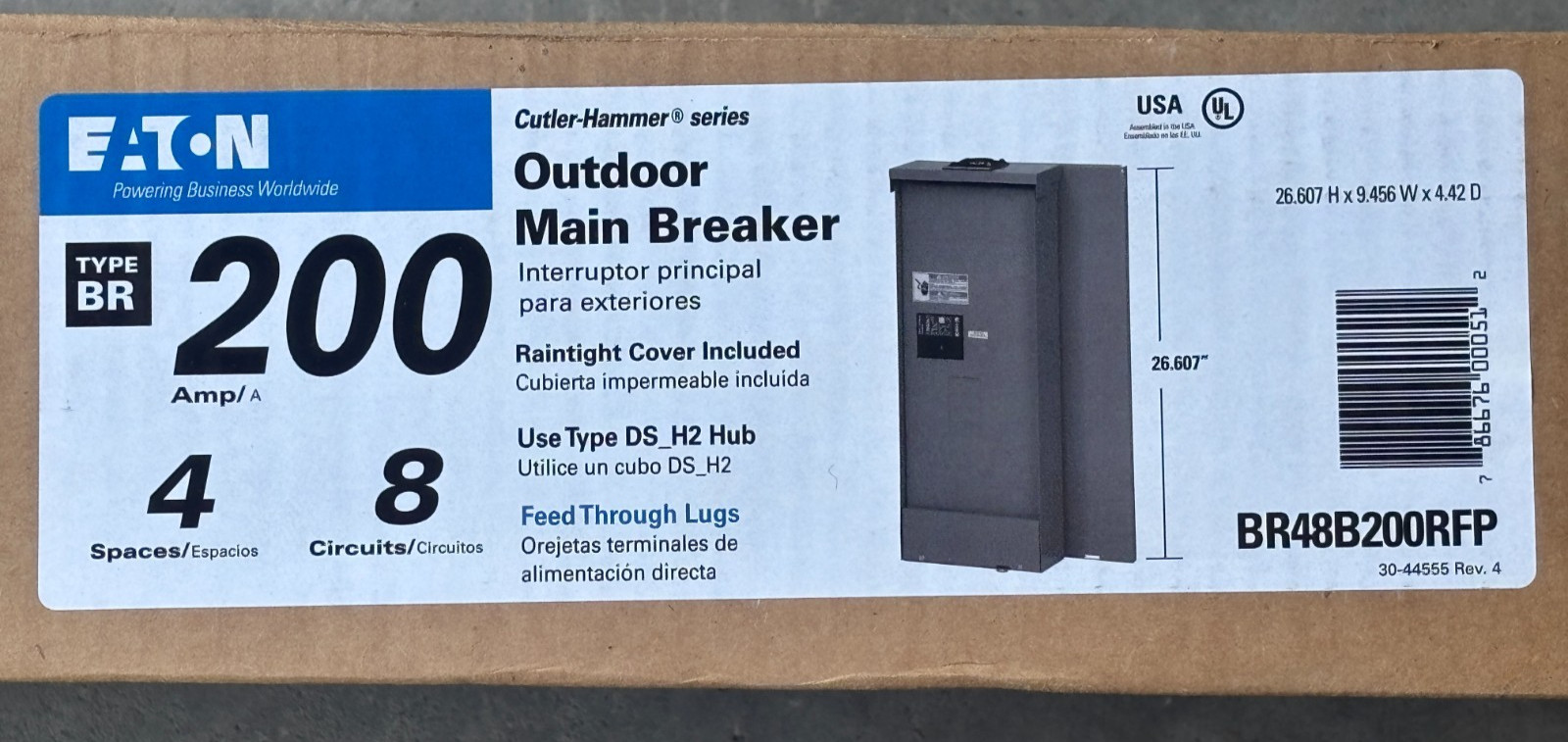 Eaton BR 200A 4 Spaces 8 Circuits Outdoor Main Breaker BR48B200RFP