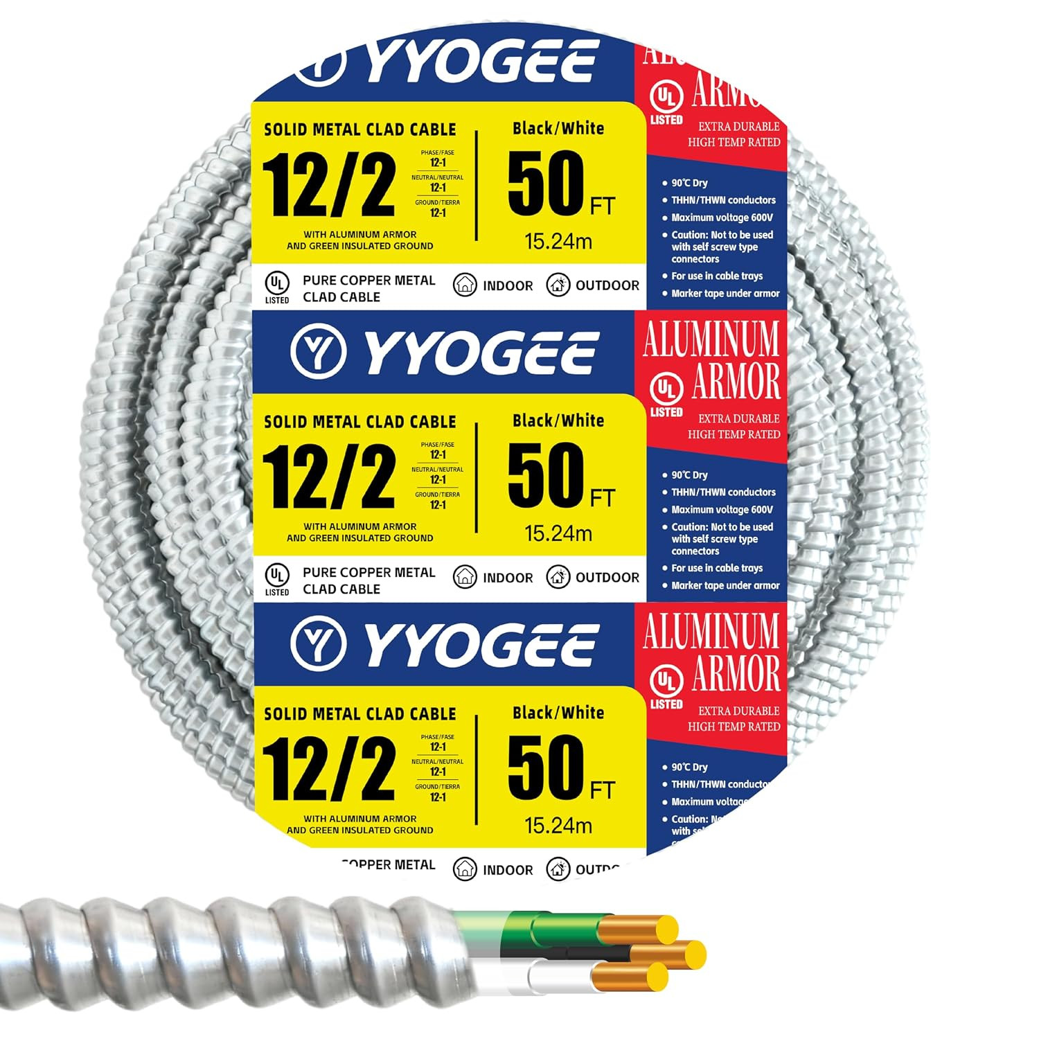 12/2 50FT MC Cable with Ground, 12 Gauge Wire Metal Clad Cable with Solid Copper