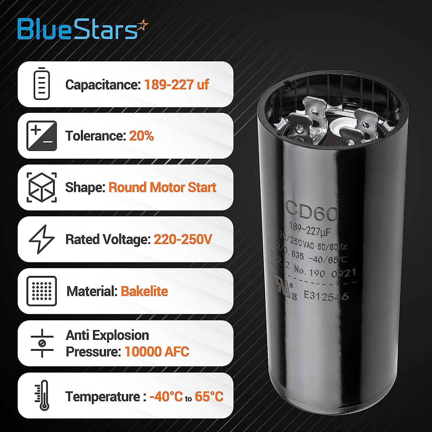 Ultra Durable 189-227 Uf/Mfd 220-250 VAC Volts round Start Capacitor 50/60 Hz AC