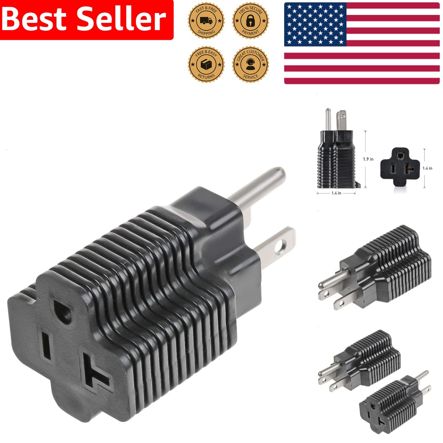 Electrical Adapter NEMA 5-15P to 5-20R 15A 20A T-Blade Outlet Power Converter