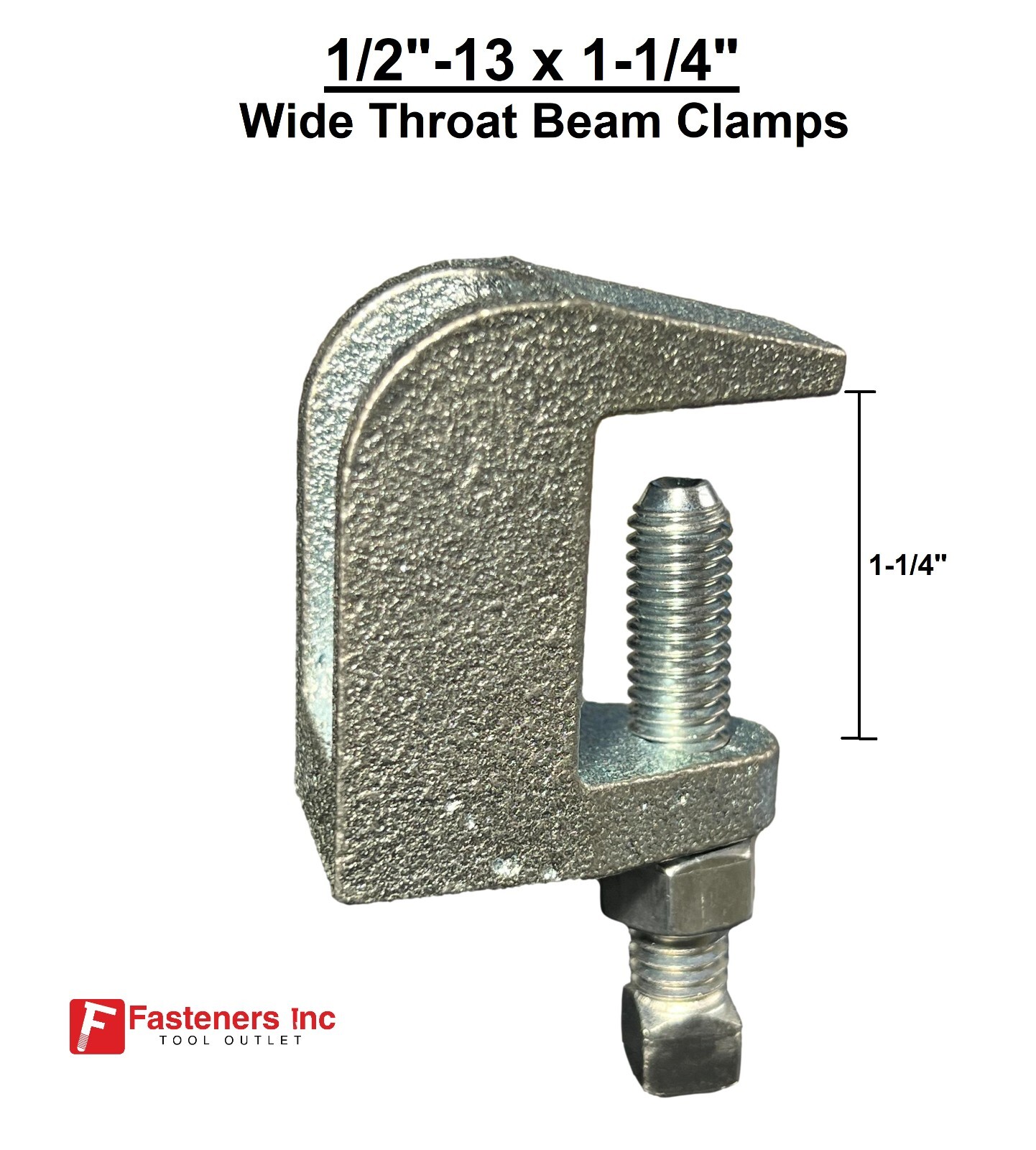 1/2″-13 Threaded Rod Zinc Plated Universal Top Wide 1-1/4″ Throat Beam Clamp