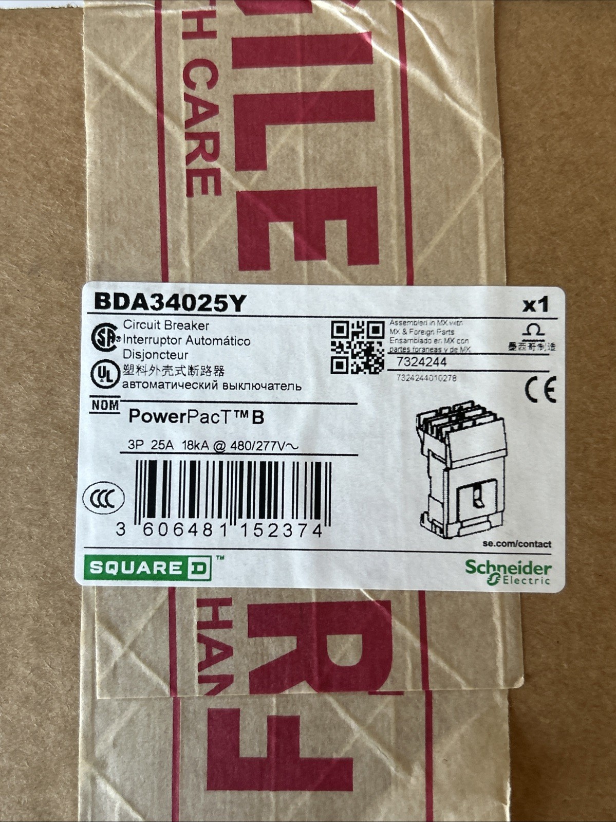 Square D PowerPact BDA34025Y Circuit Breaker 25A 480V 3P