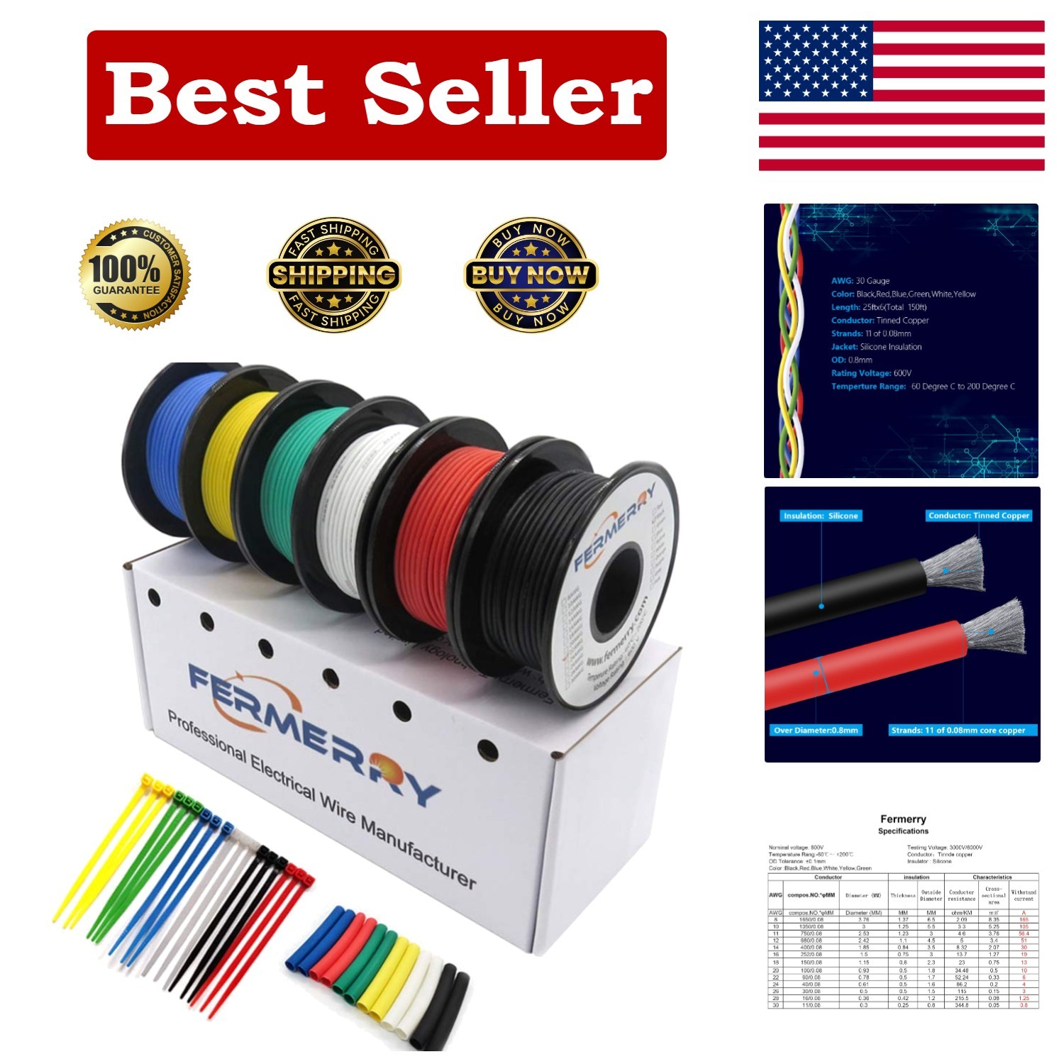Flexible 30 AWG Silicone Wire – 25ft Spools for Electrical Projects, 6 Color Kit