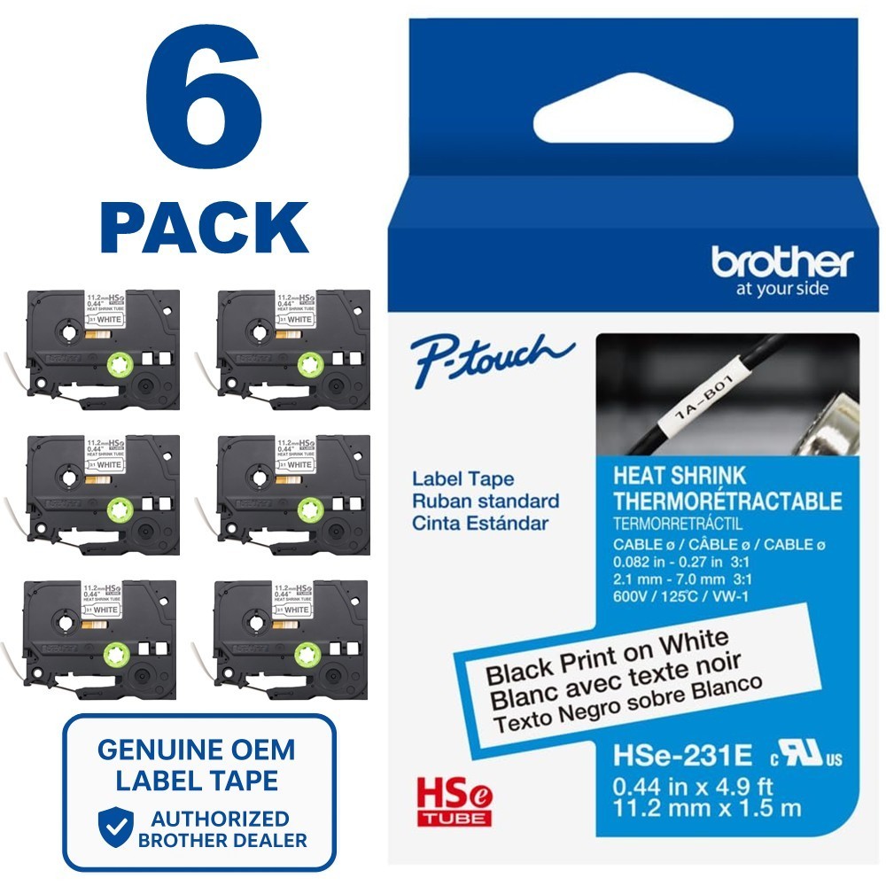 Genuine Brother HSe-231E Black on White 3:1 Heat Shrink Tube 0.44″ (AWG 8-18)