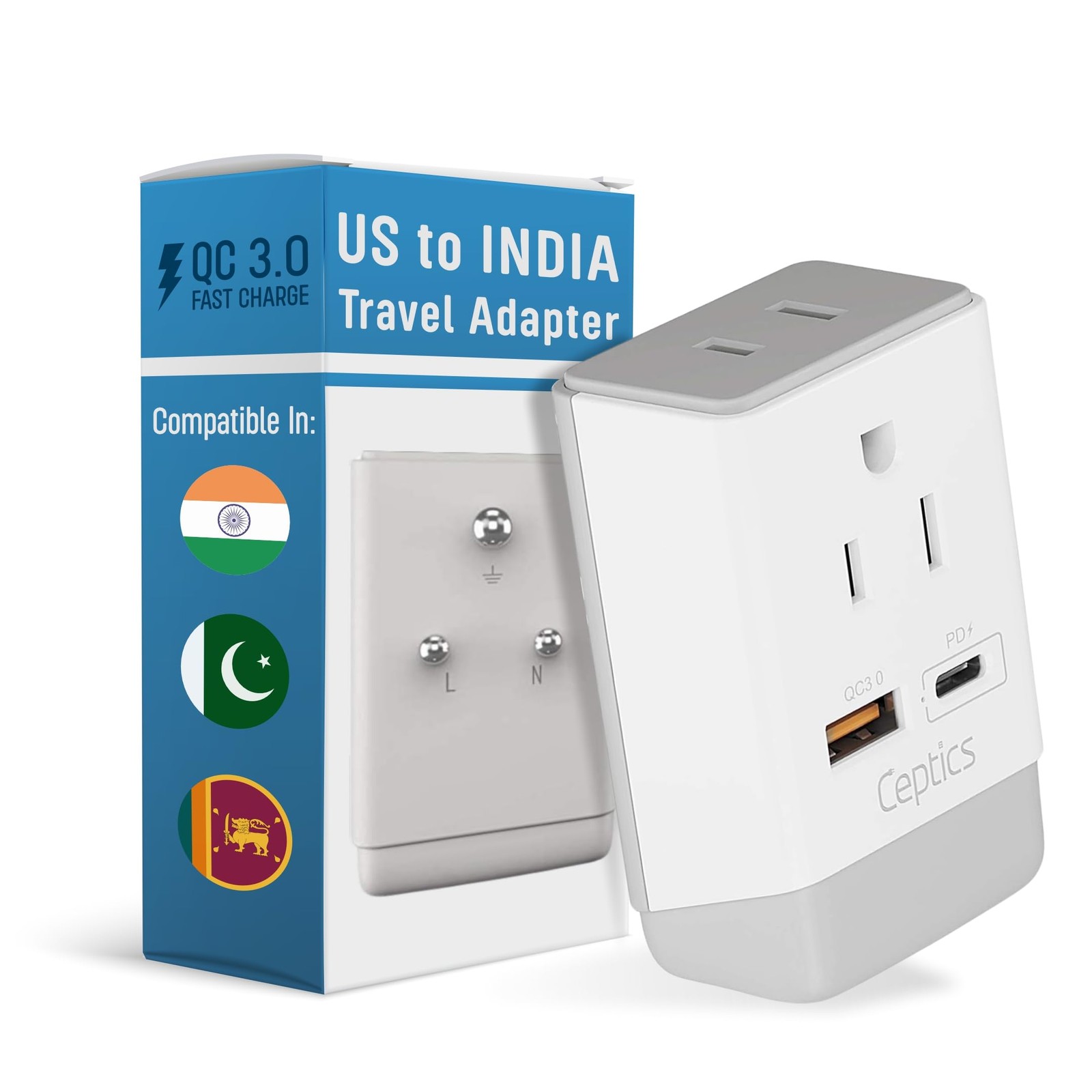 Ceptics India Maldives Power Plug Adapter Travel QC 3.0 & PD, Safe Dual USB &…