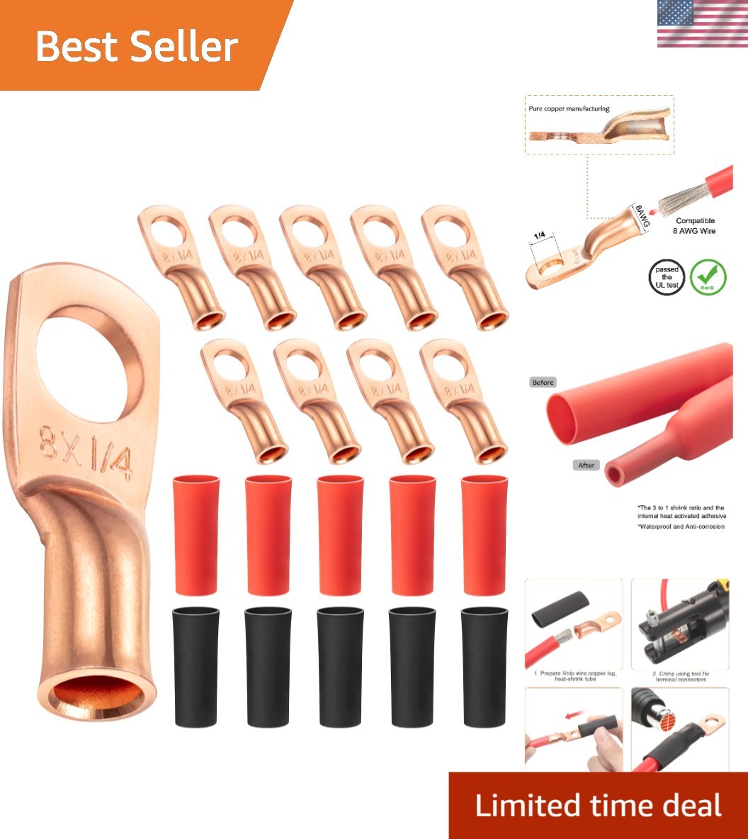 Heavy-Duty 8 AWG Copper Crimp Lugs with Heat Shrink – Certified, 10 Pack