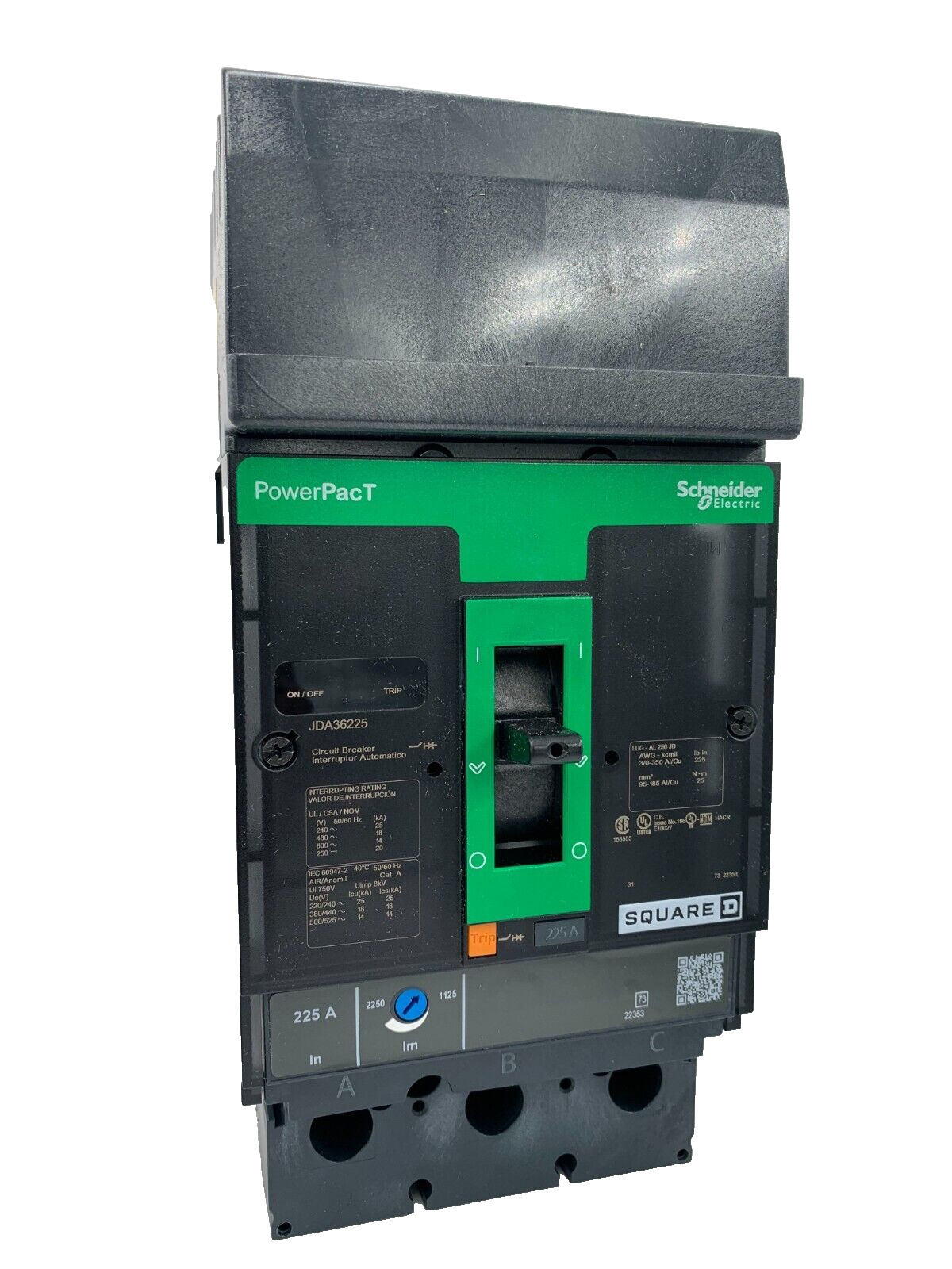 NEW – SQUARE D – JDA36225 – CIRCUIT BREAKER – PowerPacT J, 225A, 3 pole, 600VAC