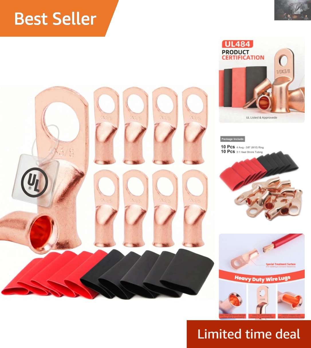 Reliable 4 AWG Copper Ring Lugs & Heat Shrink for Electrical Projects, 10 Pcs