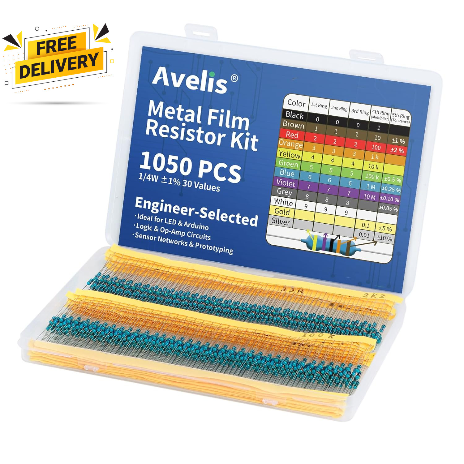 1050 Pcs 30 Values Resistor Kit 1 4 W 1 Metal Film Fixed Resistors Assortment Ki