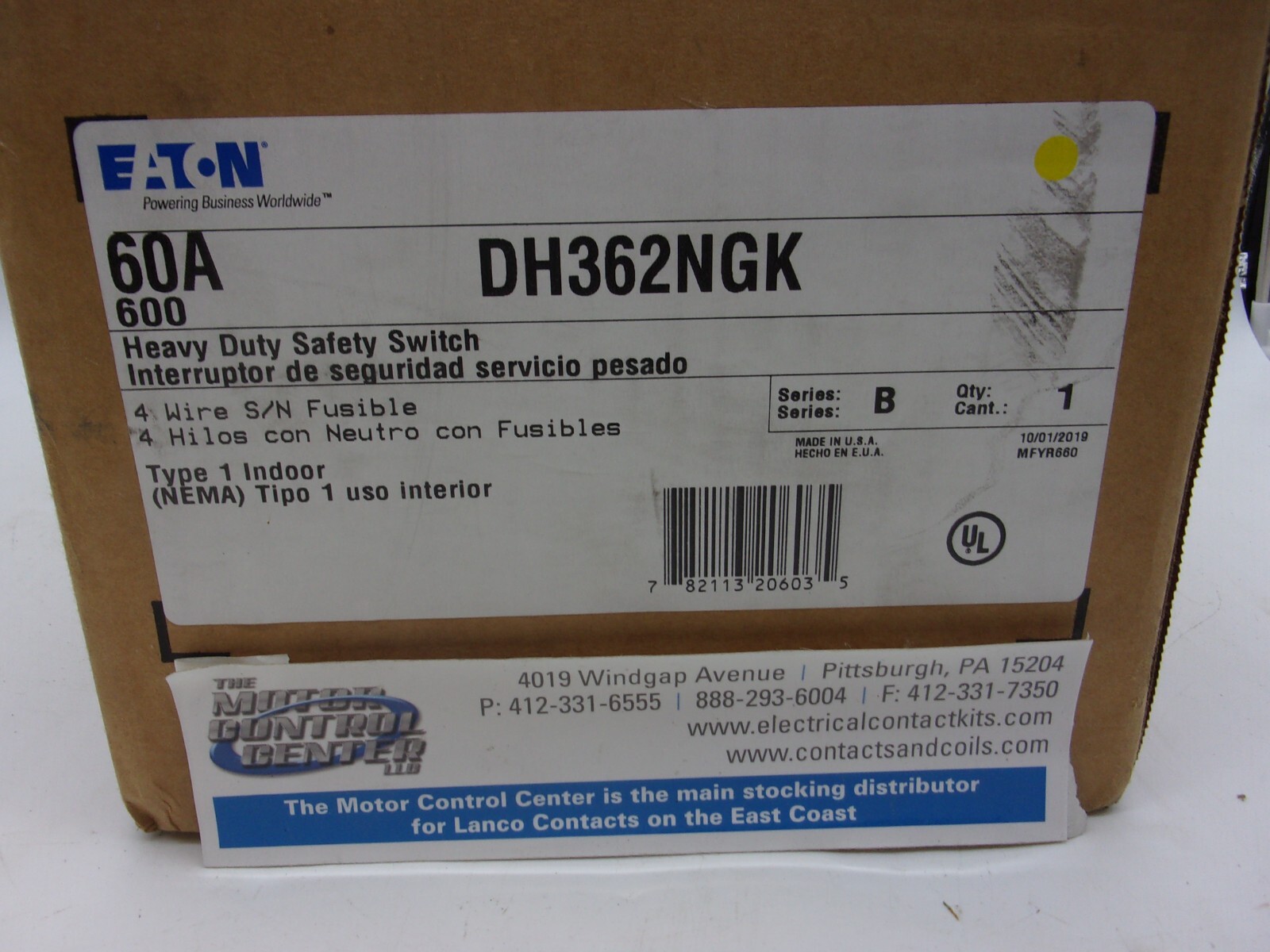 DH362NGK-EATON-HEAVY DUTY SAFETY SWITCH 3P,FUSIBLE,4 WIRE,60A,600V,SER B,NEMA 1