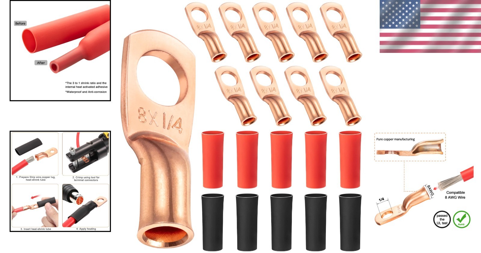 Heavy-Duty 8 AWG Copper Crimp Lugs with Heat Shrink – Certified, 10 Pack