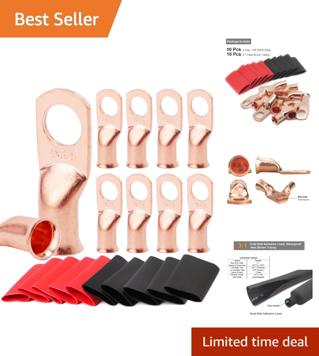 Reliable 4 AWG 3/8″ Ring Terminal Connectors – 10pcs with Adhesive Heat Shrink