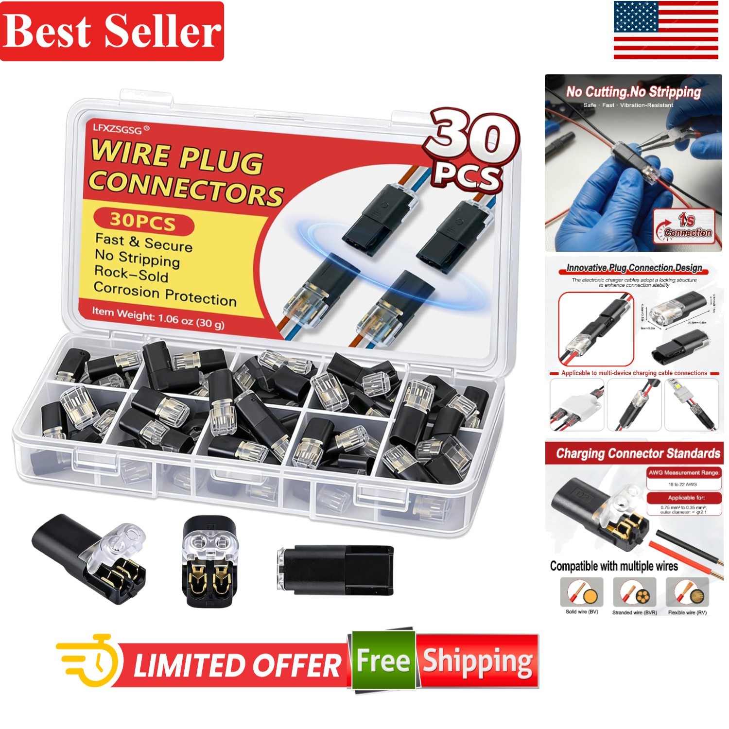30Pcs Quick Connect Wire Connectors – Flame Retardant & Tool-Free 2Pin