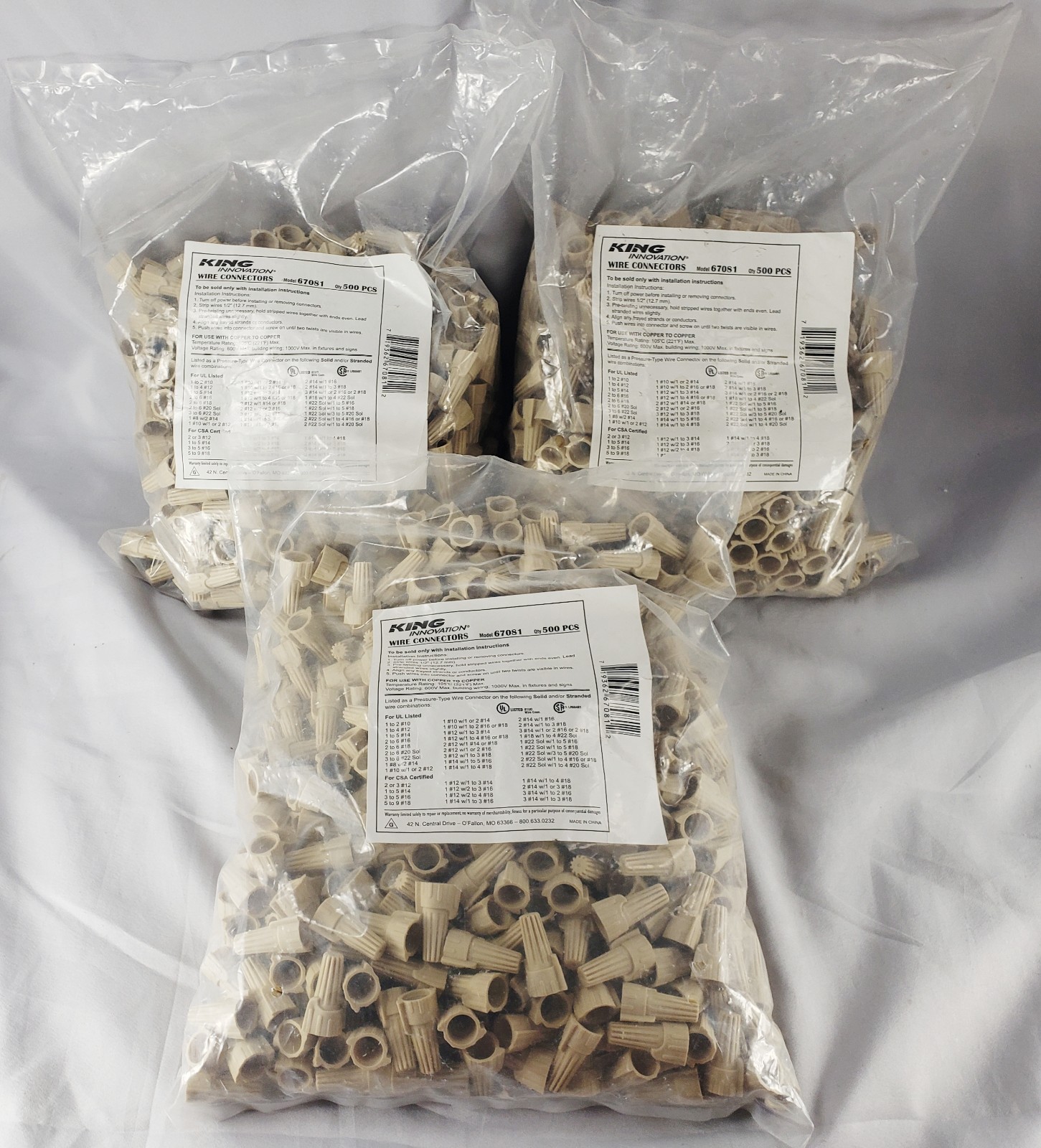 LOT /3 BAGS KING INNOVATION 67081 BEIGE WING WIRE CONNECTORS 500 X 3 – UL LISTED