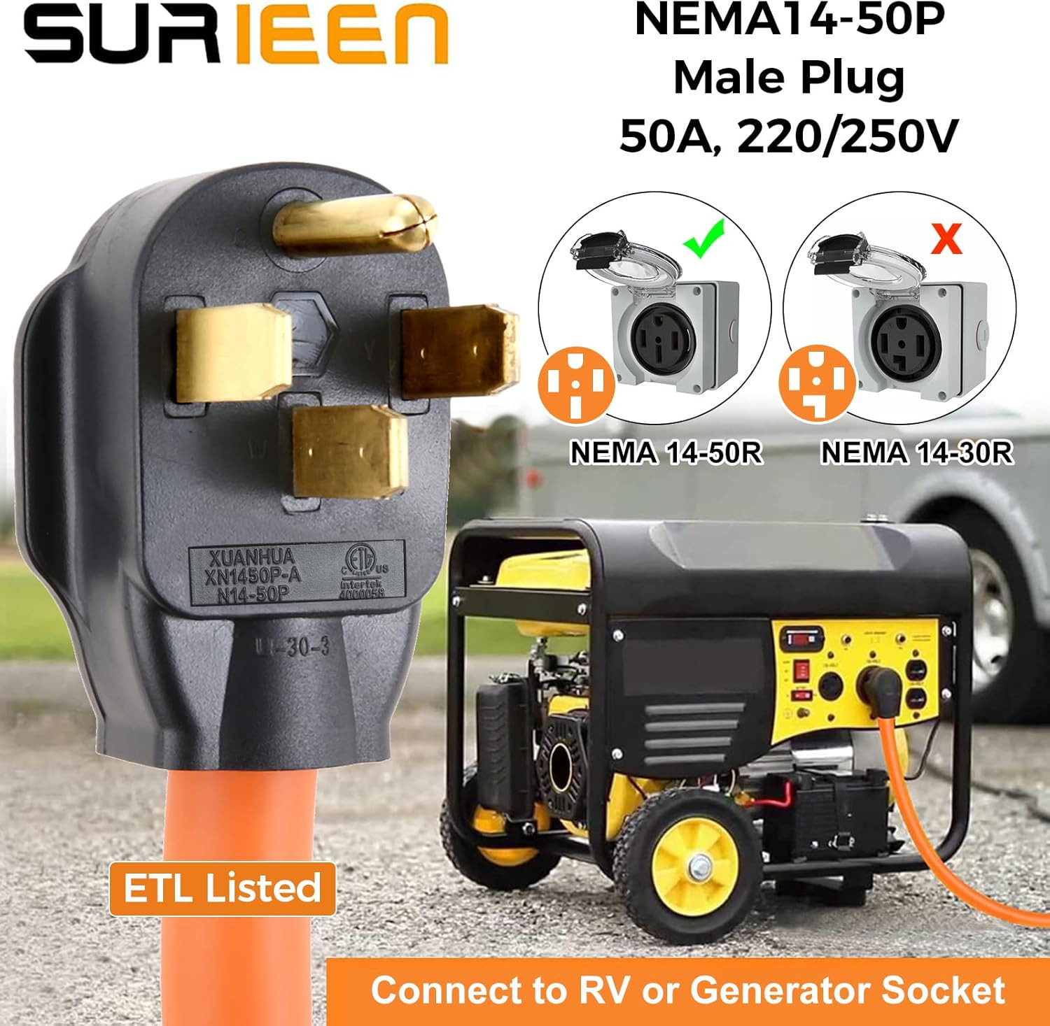 NEMA 14-50P Male to 5-20R/15R Female RV Distribution Adapter 1.5FT, 50 Amp to 20