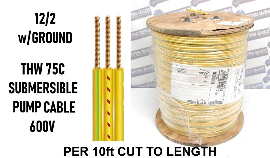 12/2 w/GROUND – FLAT SUBMERSIBLE WATER PUMP WIRE 600V – 10ft (CUT to LENGTH)