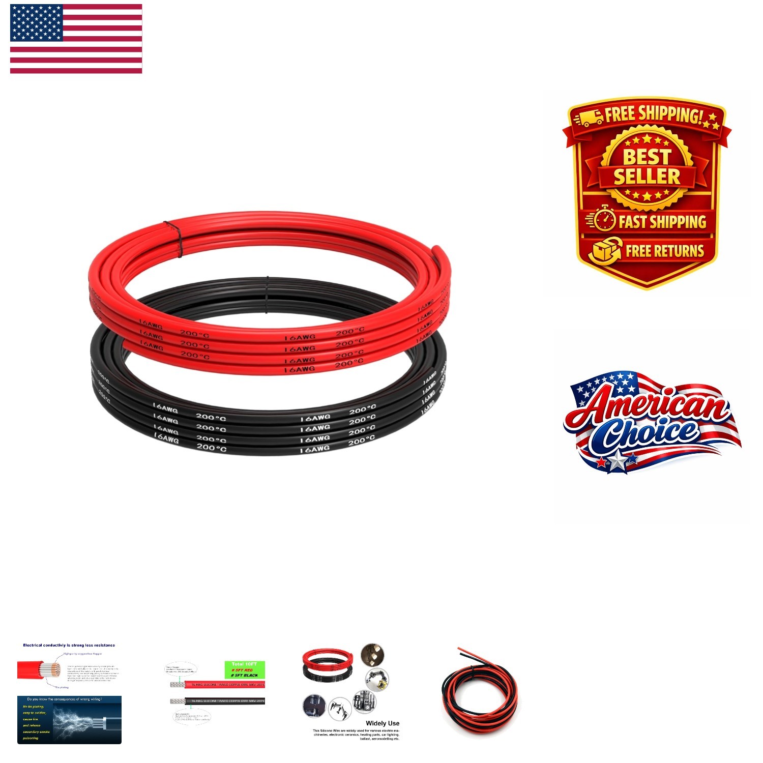 16 AWG Silicone Wire – 10 Feet (5ft Black & Red) – Flexible, High Temp Resistant