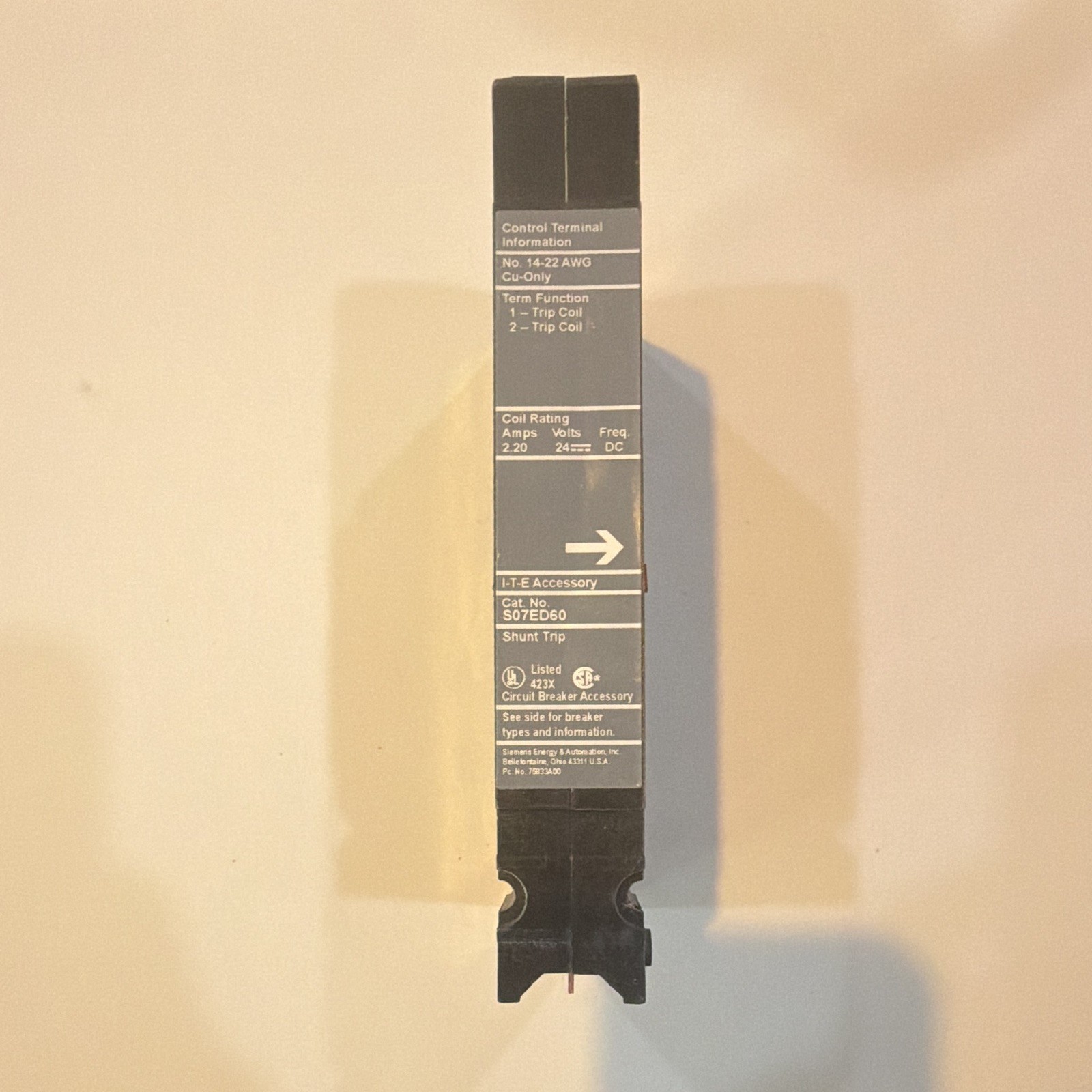 I-T-E Shunt Trip Circuit Breaker Accessory S07ED60 24V DC 1-15A Plastic