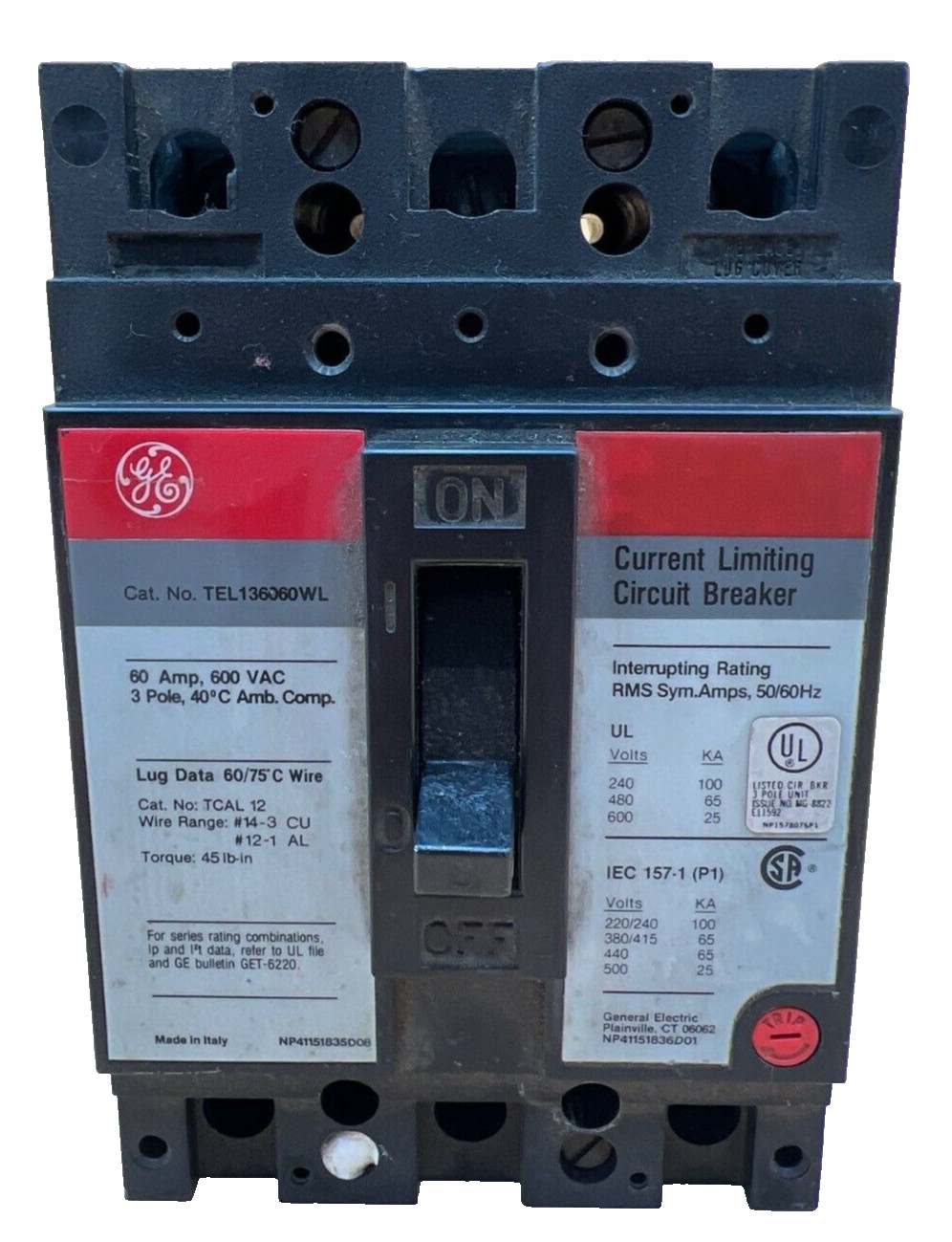GE TEL136060WL Circuit Breaker 60A 3P 600V 3PH Lug to Lug Used
