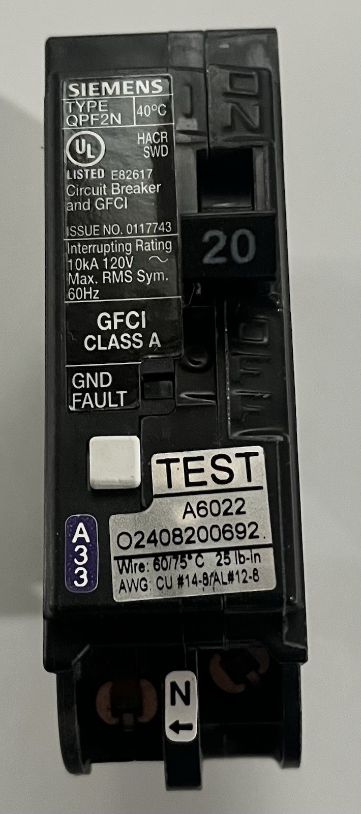Siemens QPF2N 20 Amp Gfi Breaker Plug On Neutral