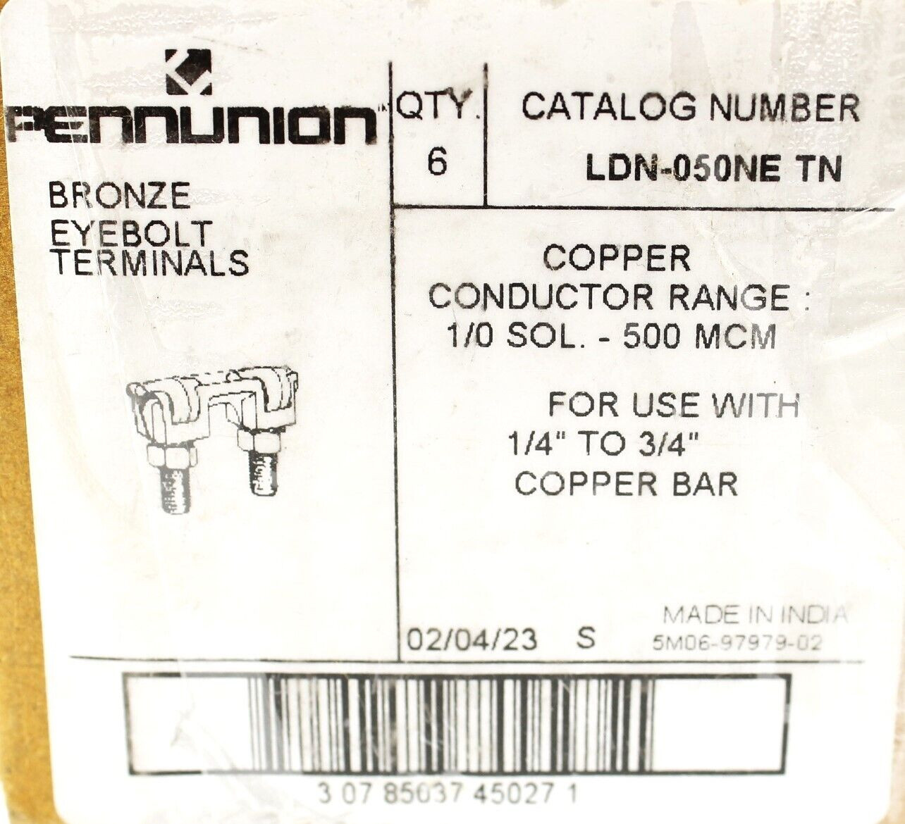 Penn-Union Corp LDN-050NE Bronze Eyebolt Terminals, Copper, 1/4in-3/4in