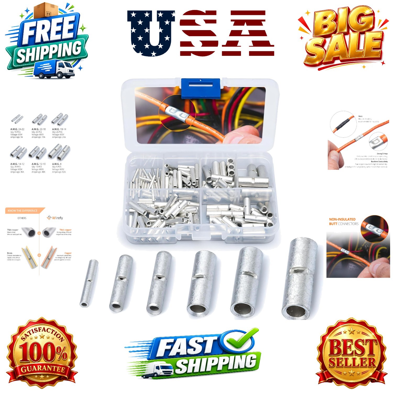 100 PCS Non Insulated Butt Connectors Kit – Butt Splice Connectors – Uninsula…