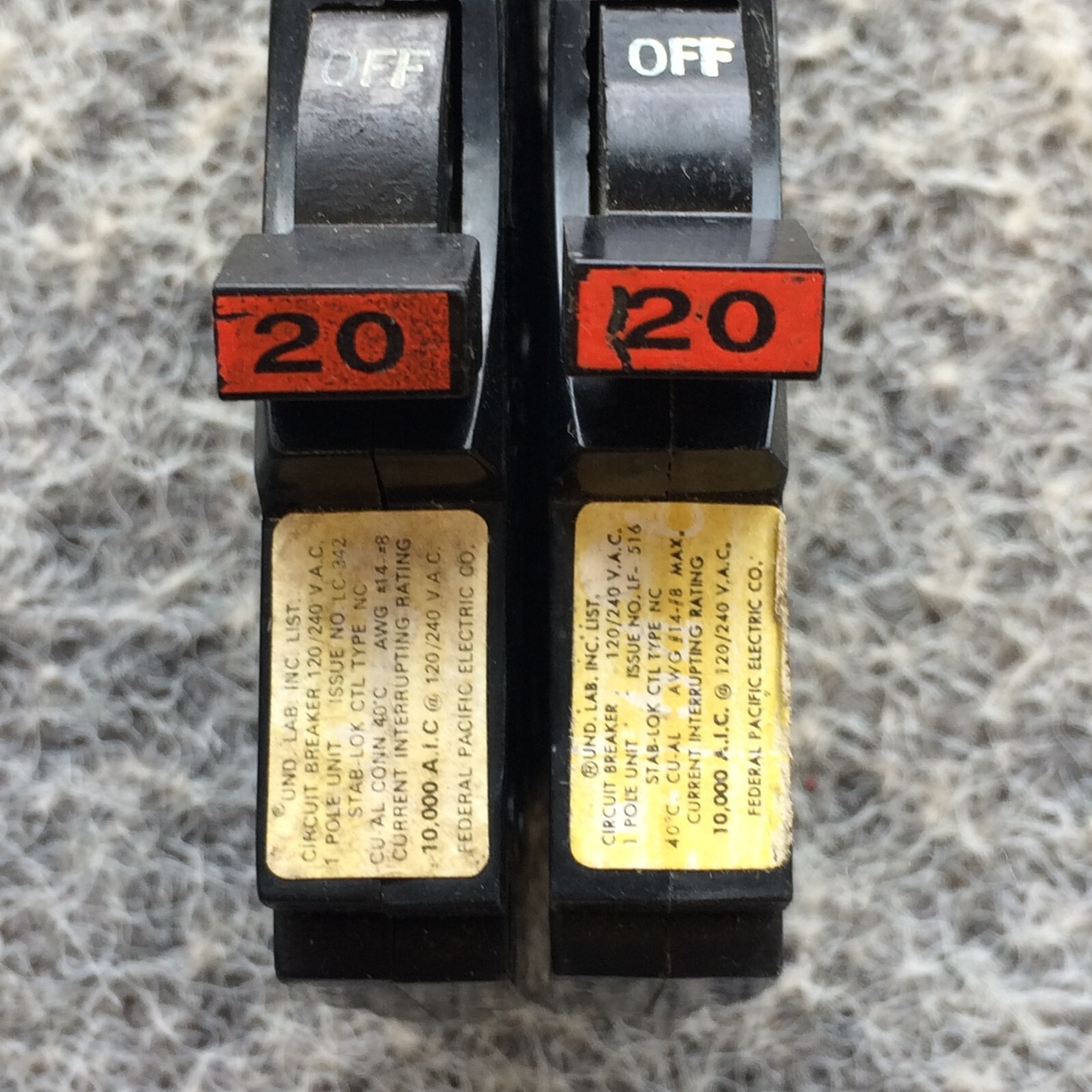 Lot of 2 FPE 20 Amp 1 Pole Stab-Lok Thin Federal Pacific Breakers NC120 Set of 2