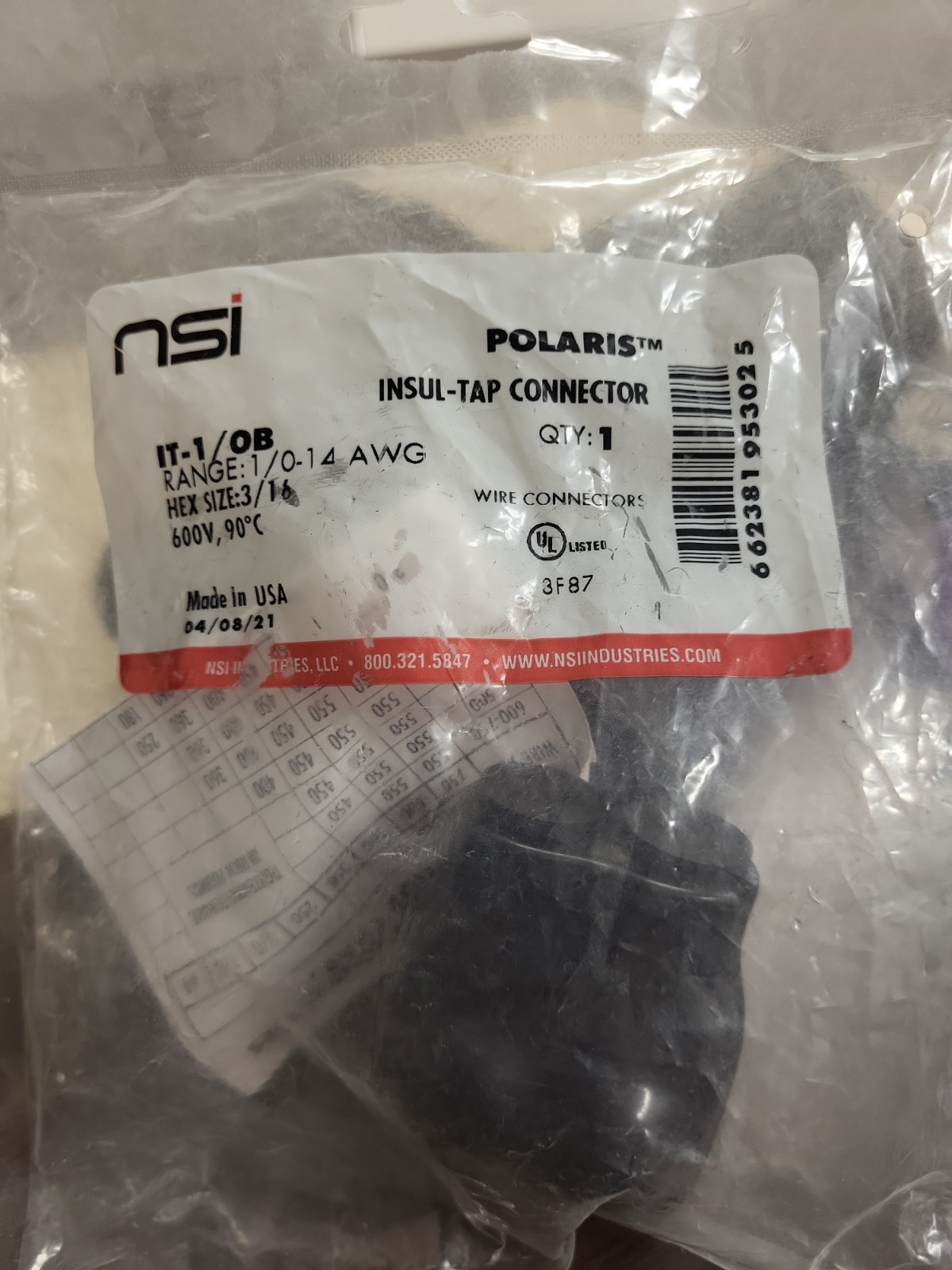 Nsi Polaris Insul-tap Connector It-1/ob Hex Size 3/16 Range 1/0-14 AWG 600V,90°c