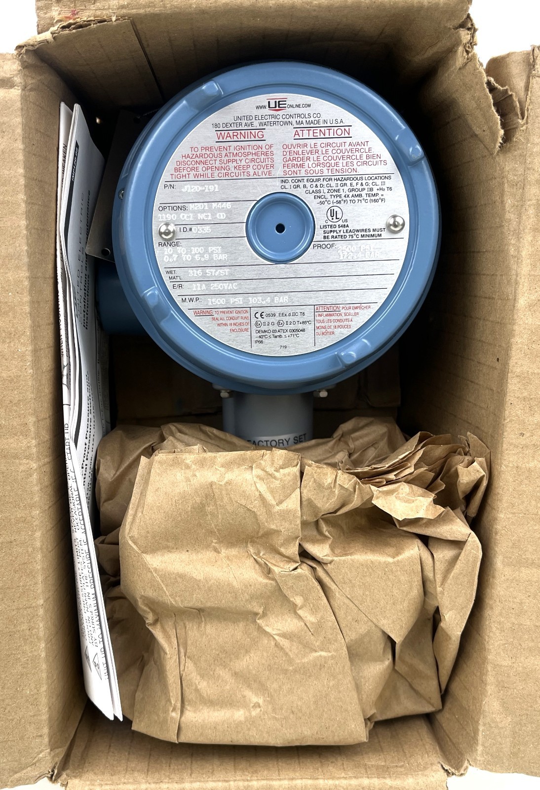 UNITED ELECTRIC, J120-191, 120 SERIES, EXPLOSION PROOF PRESSURE SWITCH, NIB, NEW