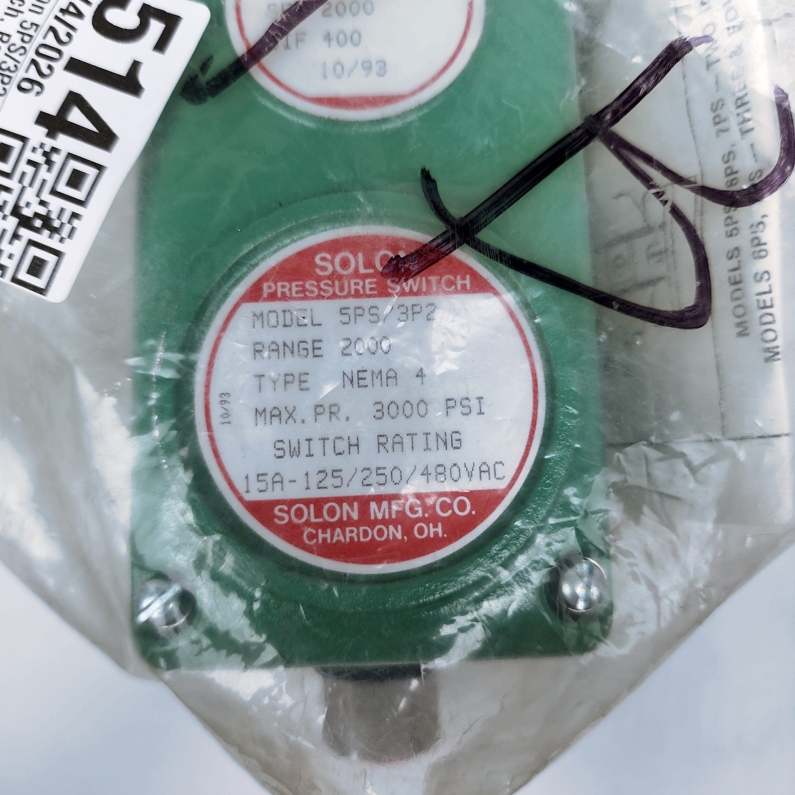 Solon 5PS/3P2 Pressure Switch NEMA 4 Range 2000 3000PSI 15A 125/250/480VAC