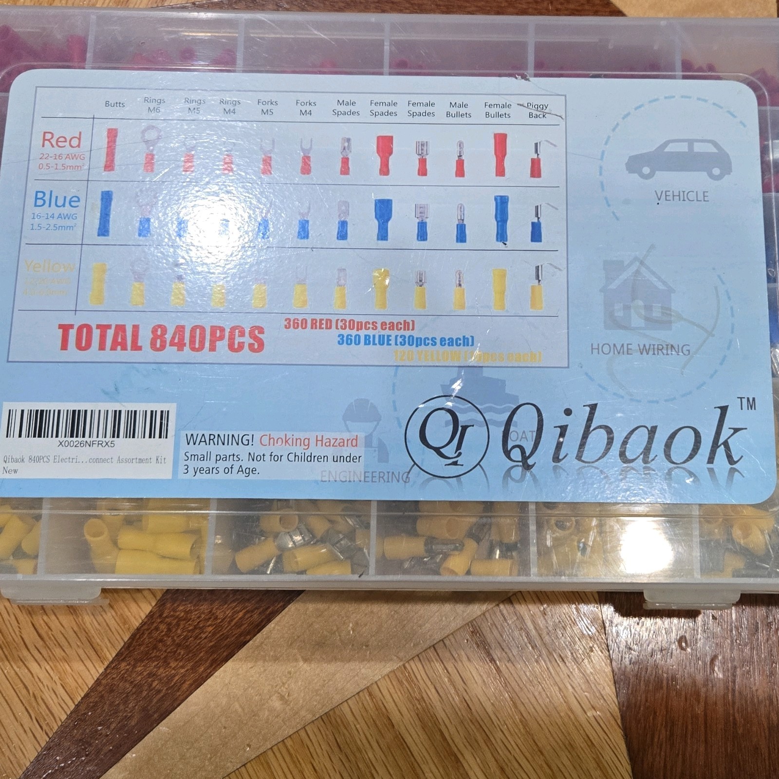 Qibaok 840PCS Wire Connector Kit, Red Blue Yellow, Butt Ring Fork Crimp