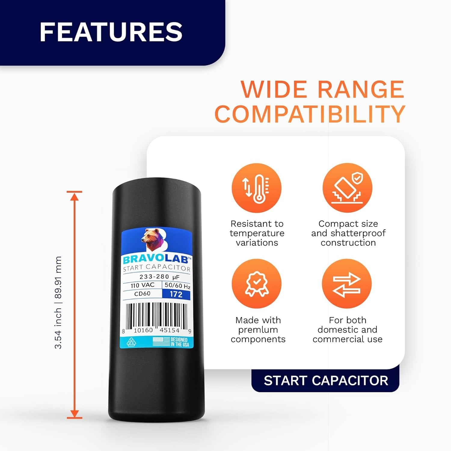 Universal Start Capacitor CD 60 for Electric Motors of 233-280 uF MFD, 110 VAC