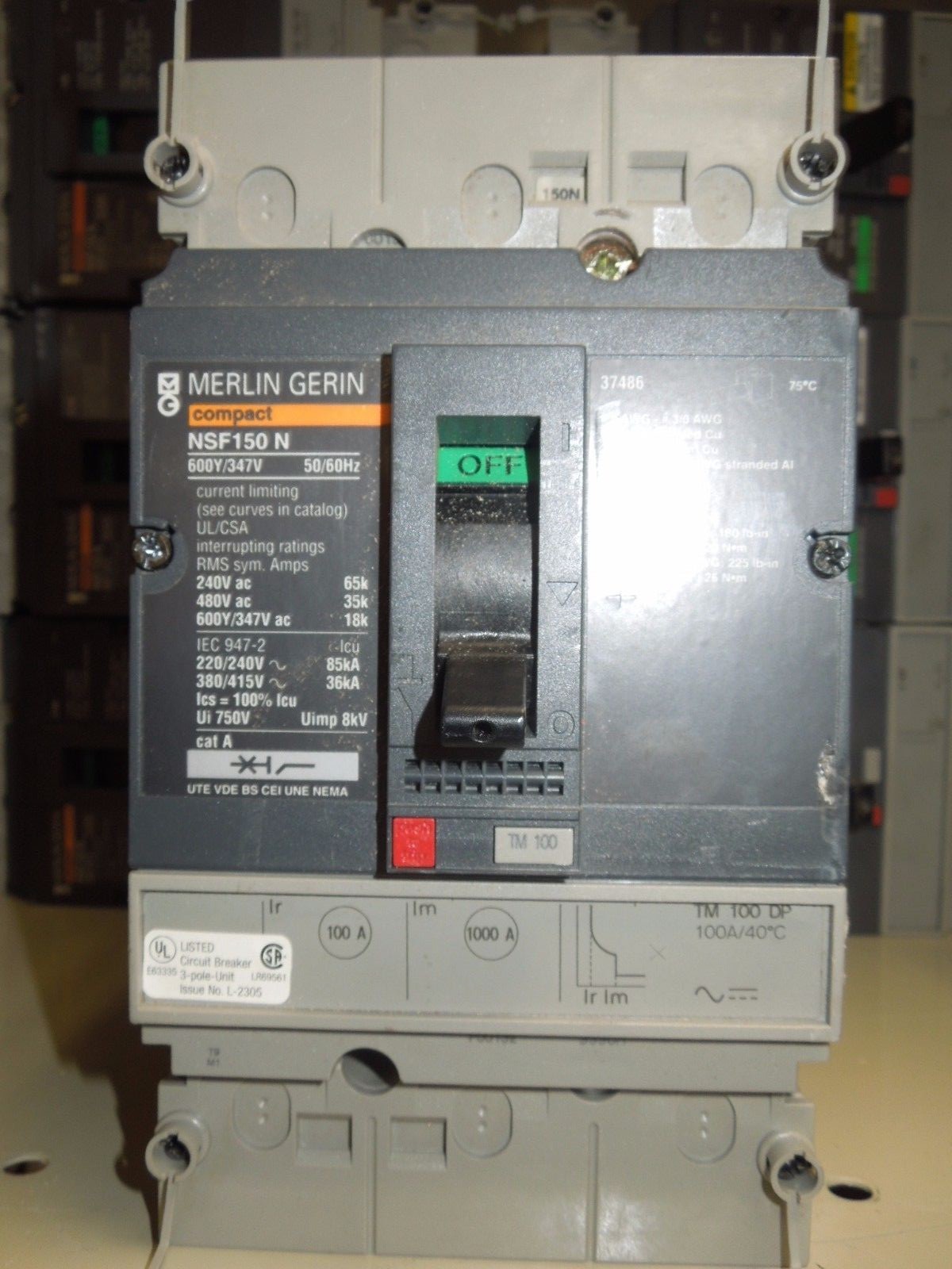 Merlin Gerin Circuit Breaker NSF150N 100A 3P 600/347V Circuit Breaker w/ Adapter