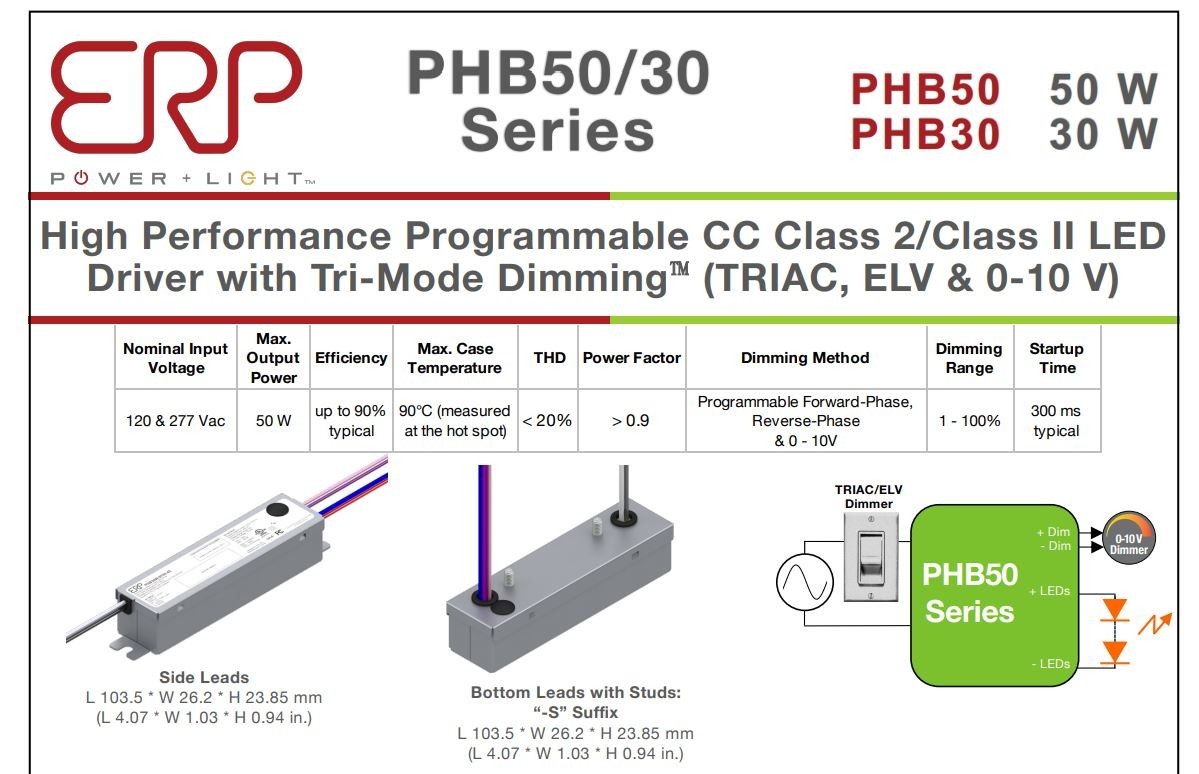 Dimmable LED Driver, PHB50W-1200-42-S, 28-42V , 600 mA, 50.4W, Constant Current